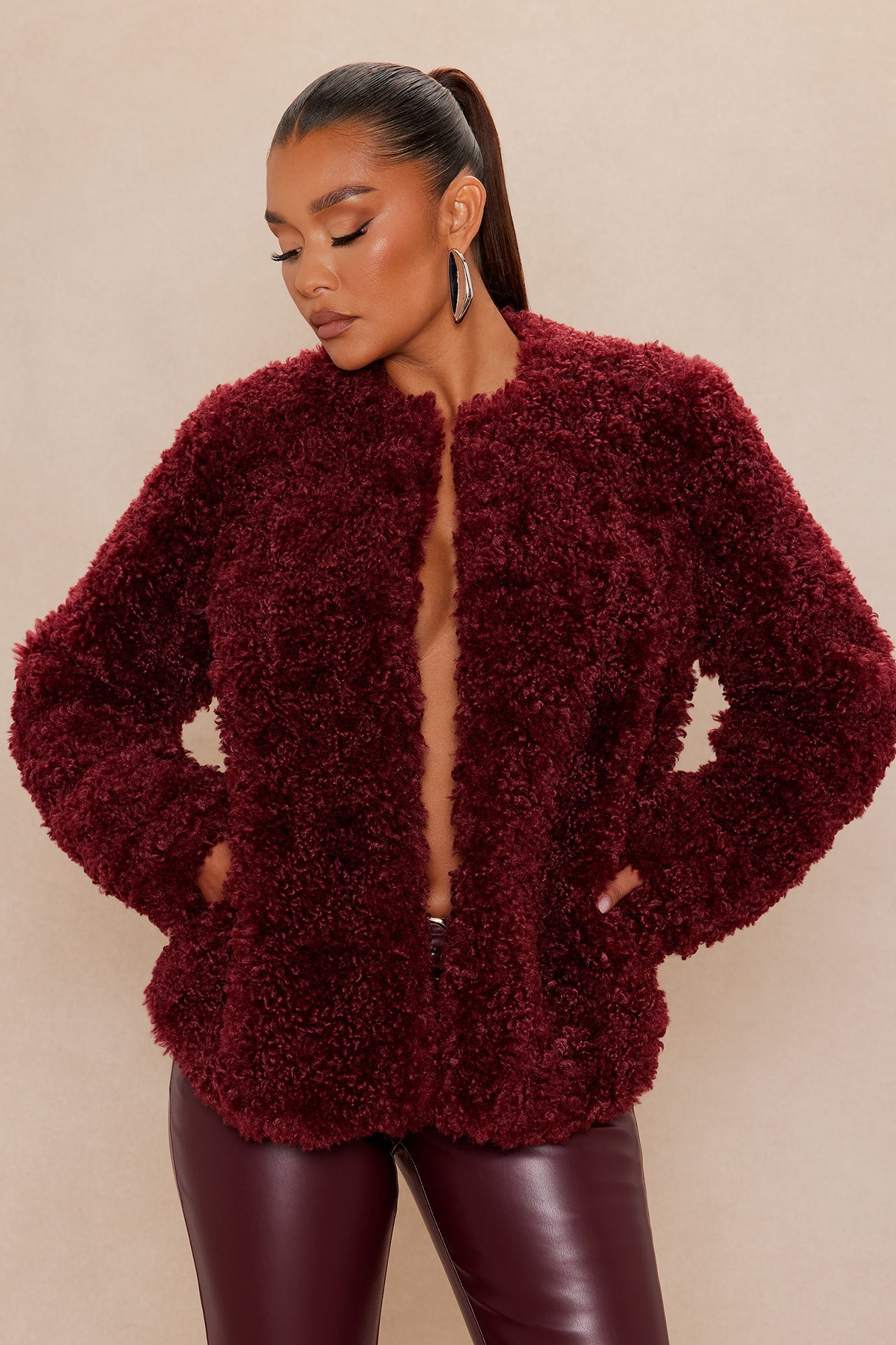 Arden Sherpa Fur Jacket - Burgundy 