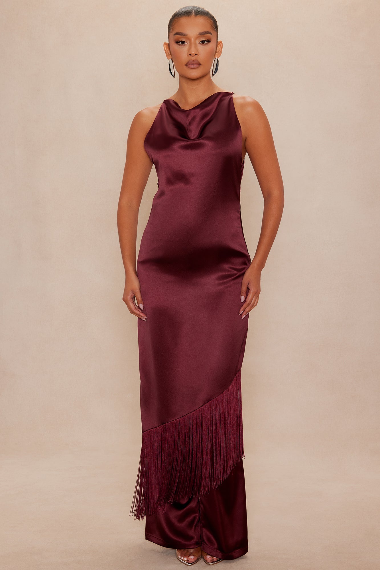Ceile Fringe Satin Pant Set - Burgundy 