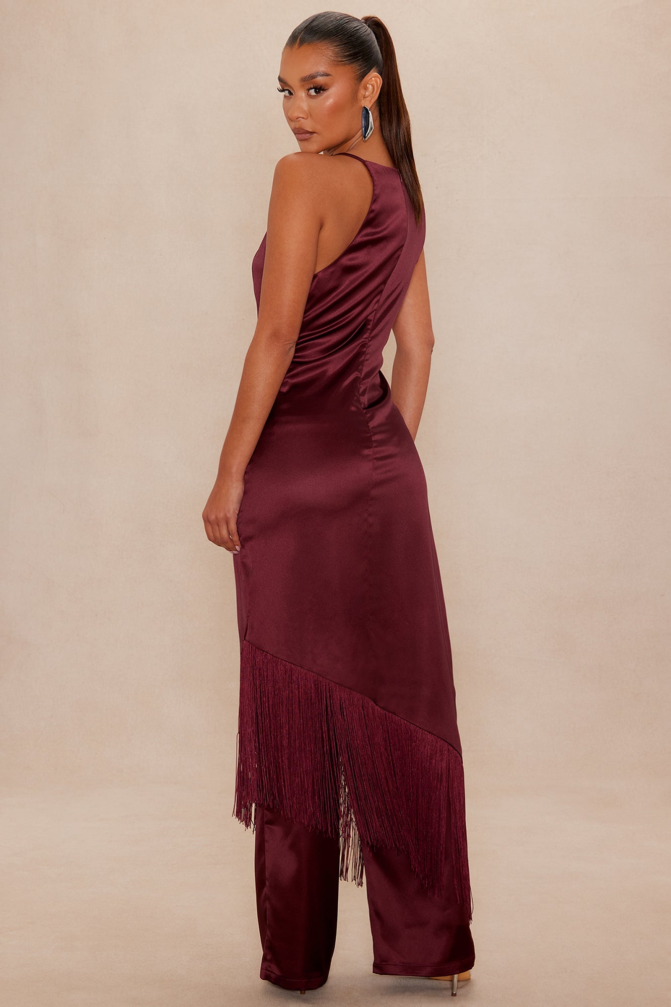 Ceile Fringe Satin Pant Set - Burgundy 