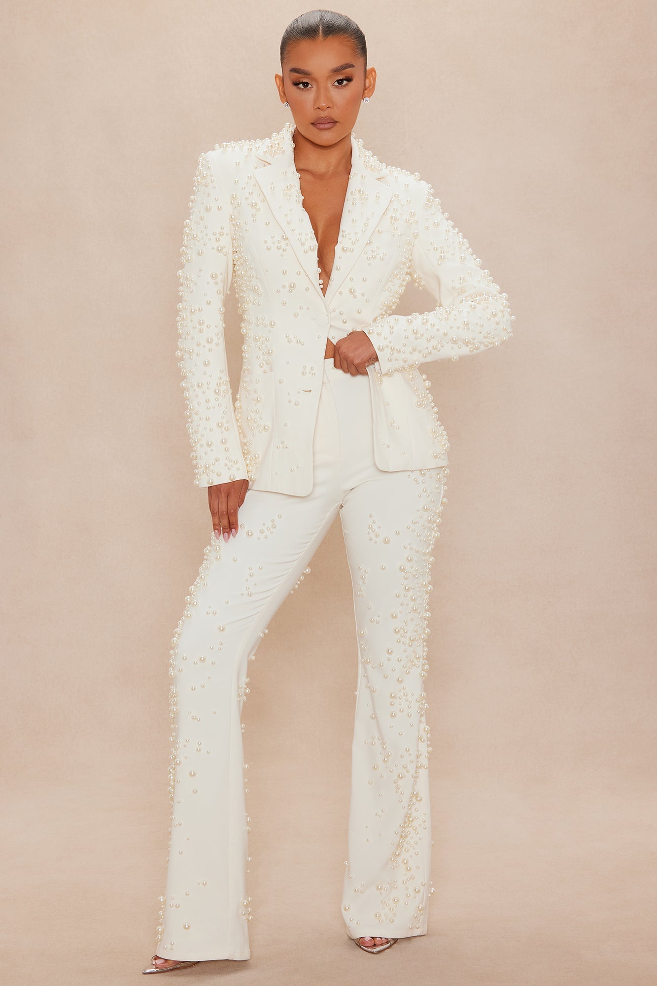 Timeless Touch Pearl Blazer Pant Set - Ivory