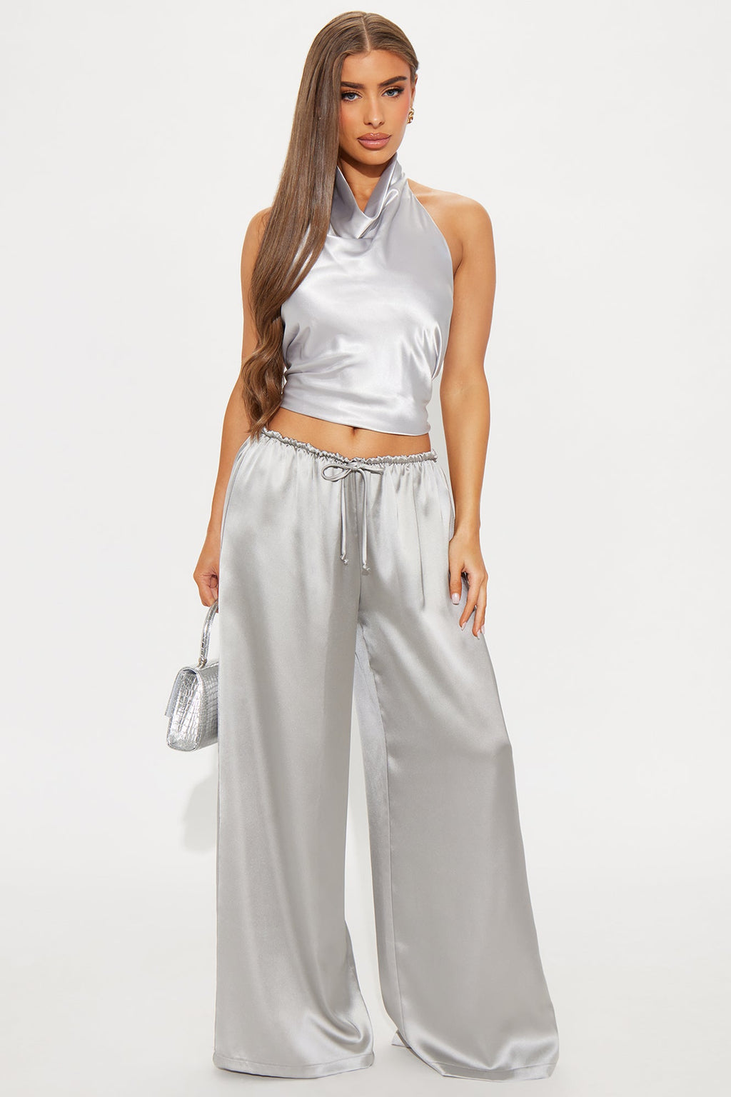 Sara Satin Cowl Neck Halter Top - Silver