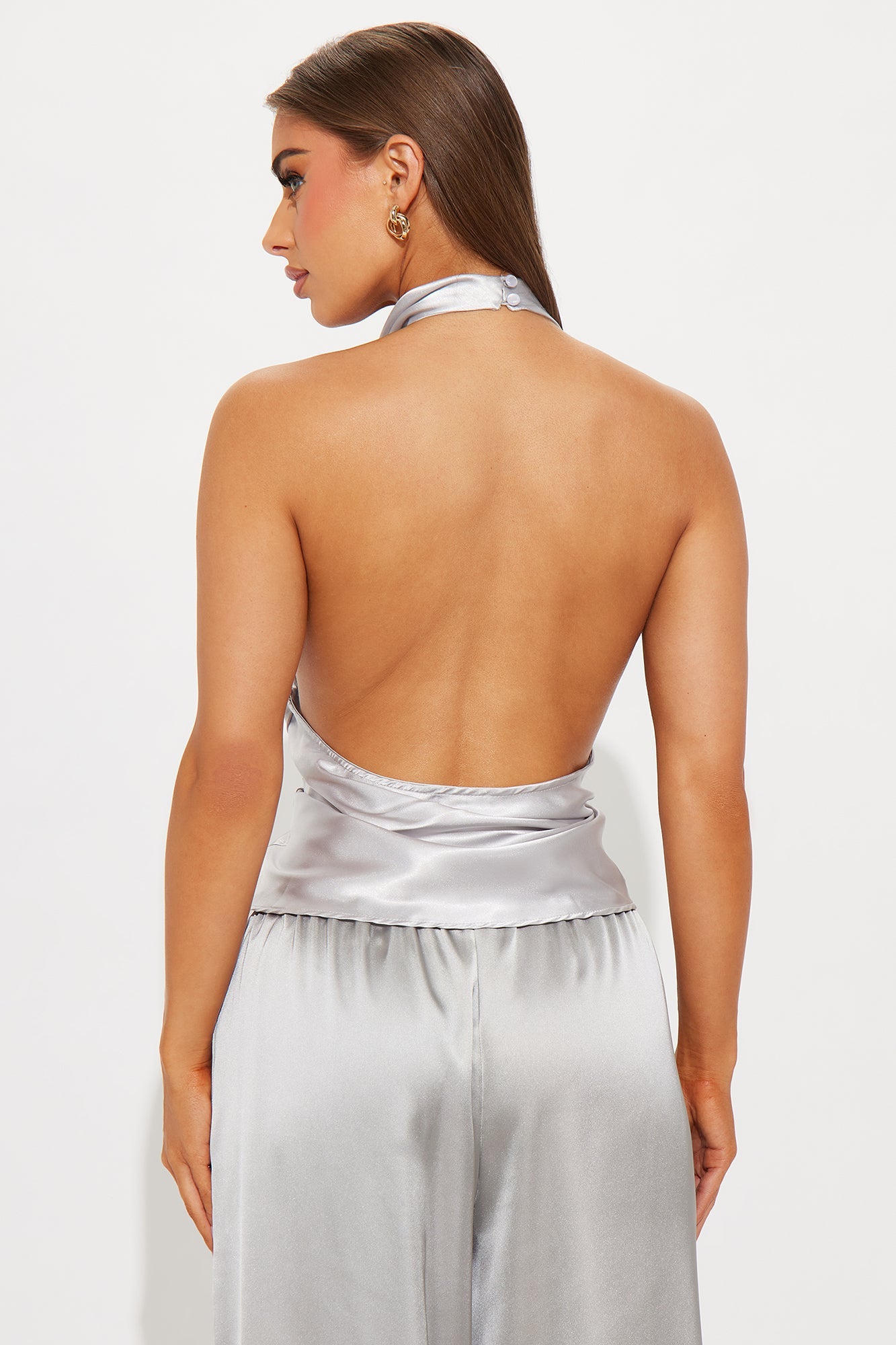 Sara Satin Cowl Neck Halter Top - Silver