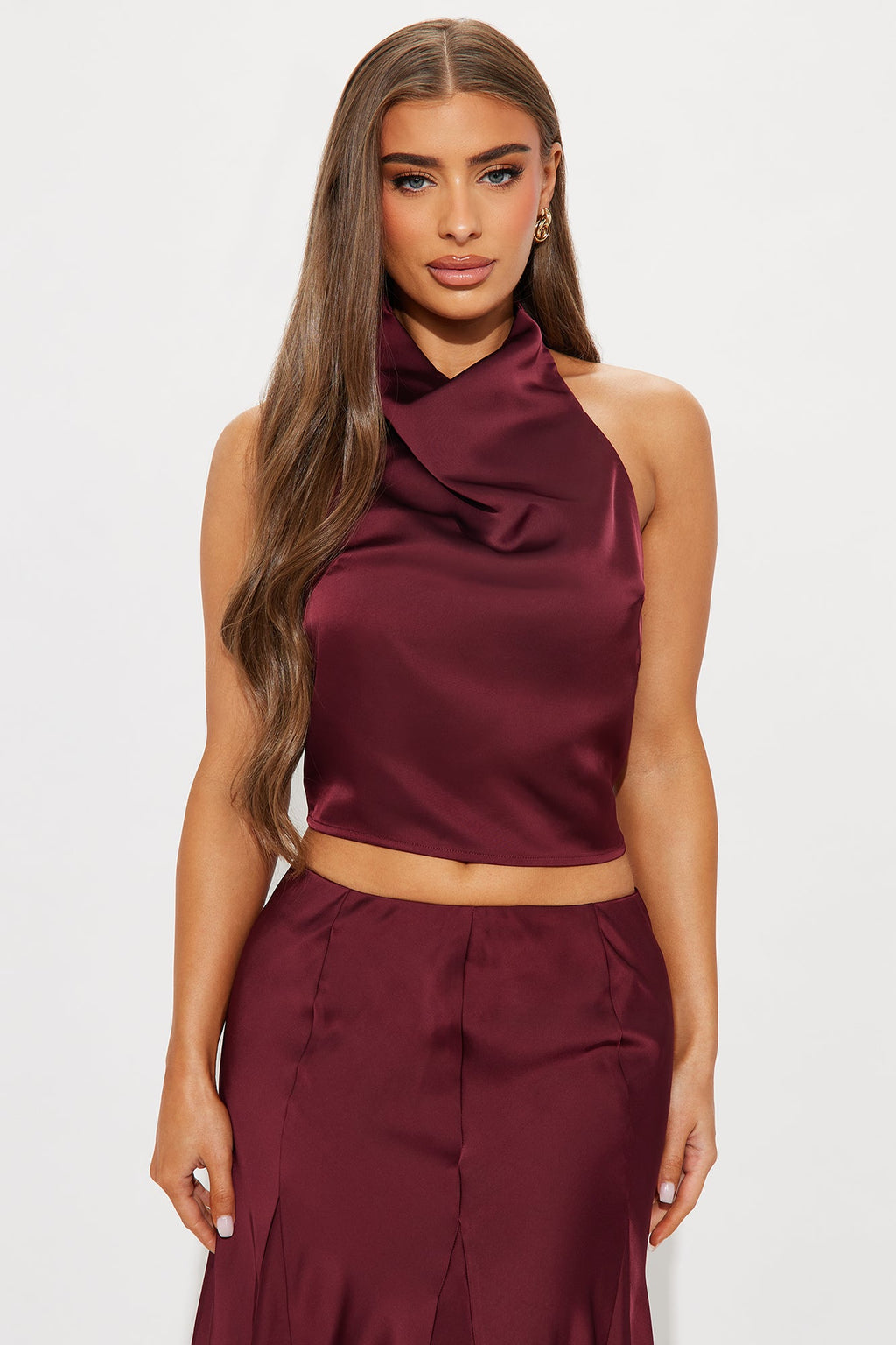 Elegant Hour Satin Halter Maxi Skirt Set - Wine 