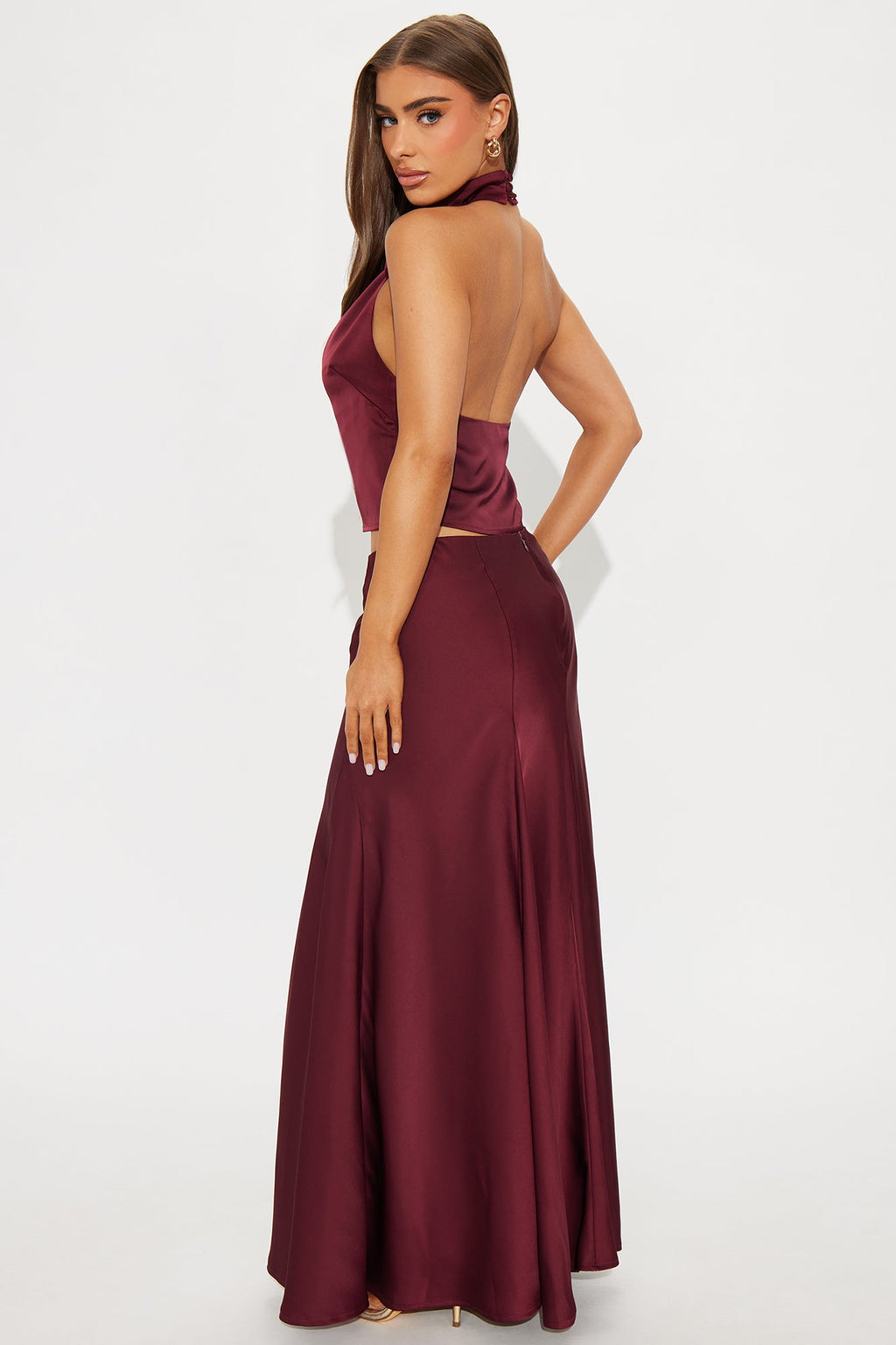 Elegant Hour Satin Halter Maxi Skirt Set - Wine 