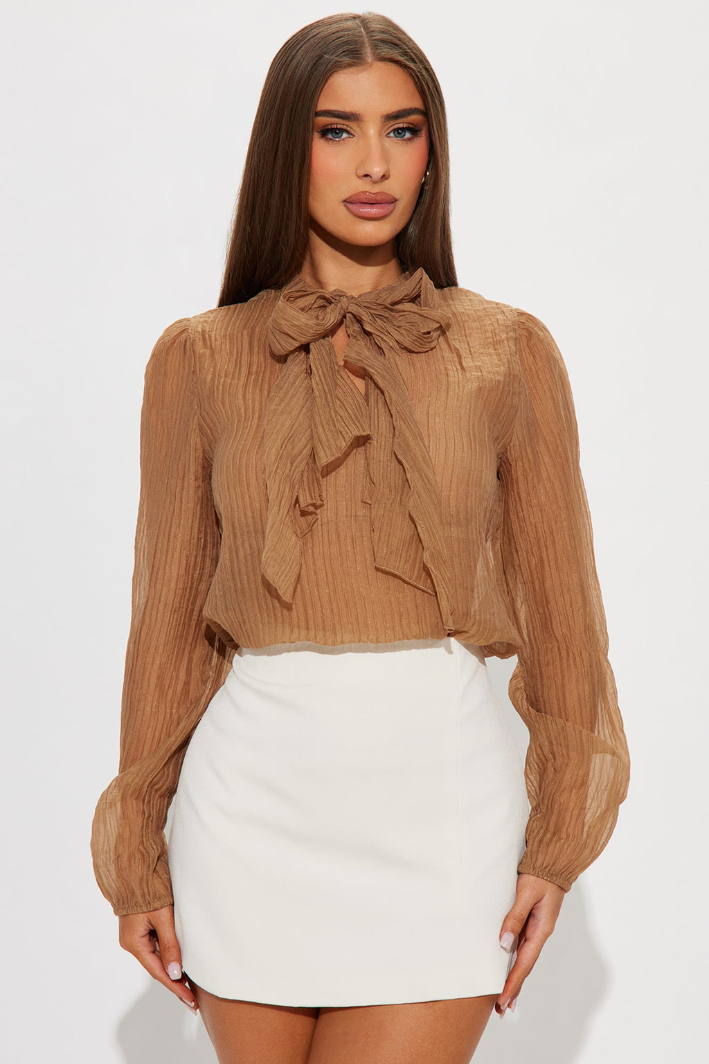 Mesmerize Me Neck Tie Chiffon Blouse - Taupe