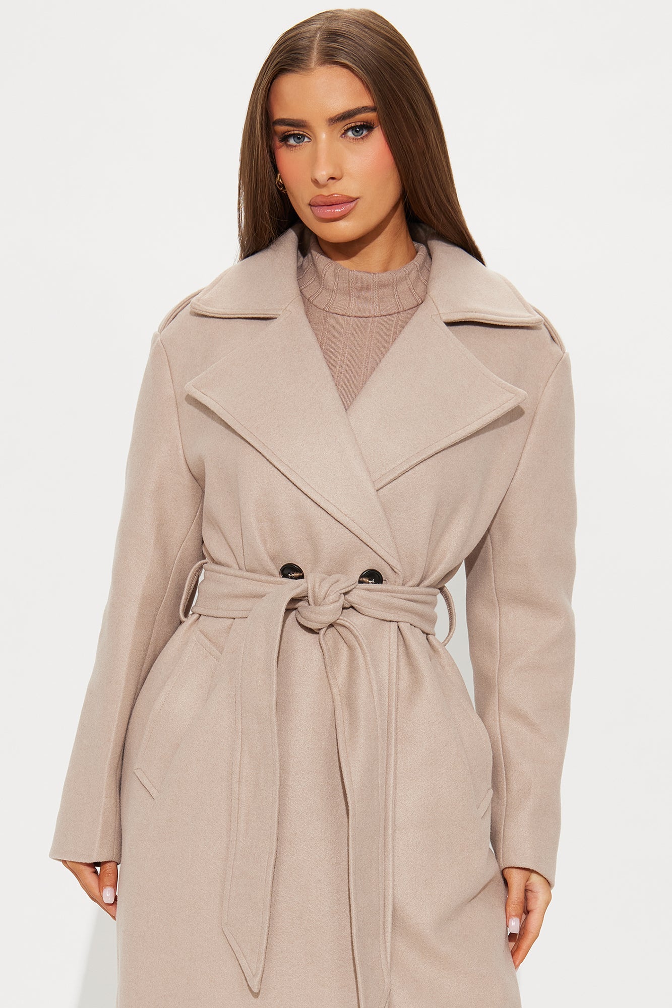 Clocked Out Double Breasted Long Coat - Taupe 