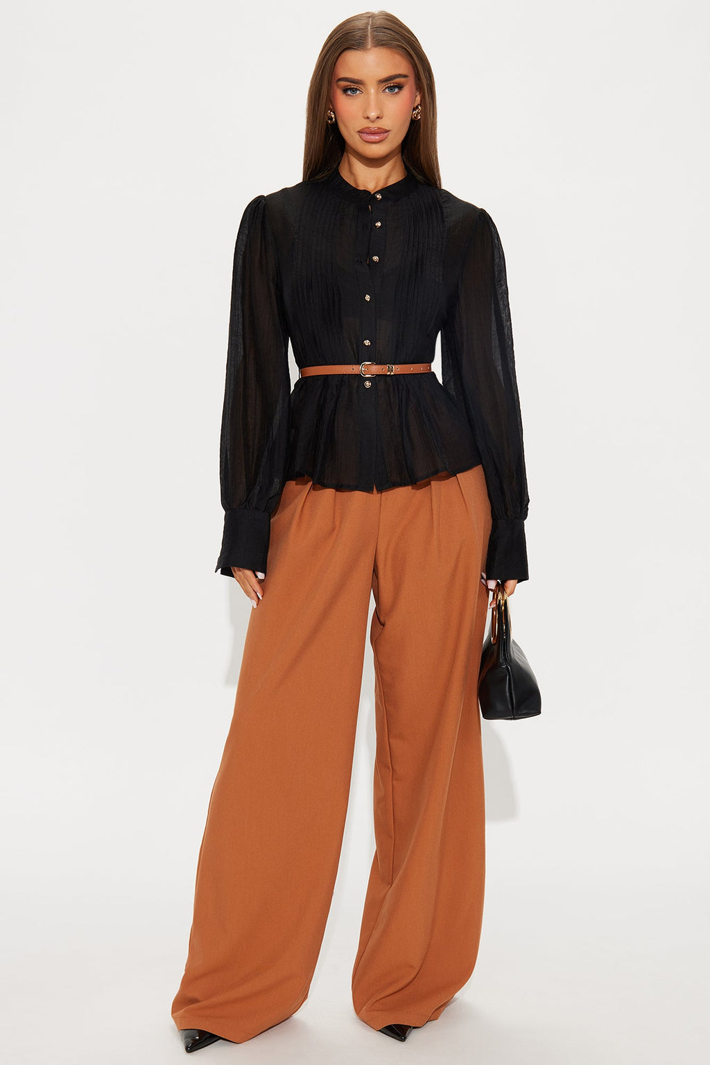 Helena Pleated Belted Shirt - Black