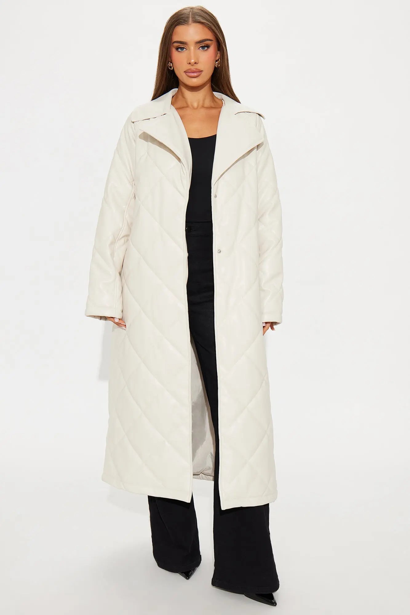 Fabiola Quilted Faux Leather Trench Coat - Stone 
