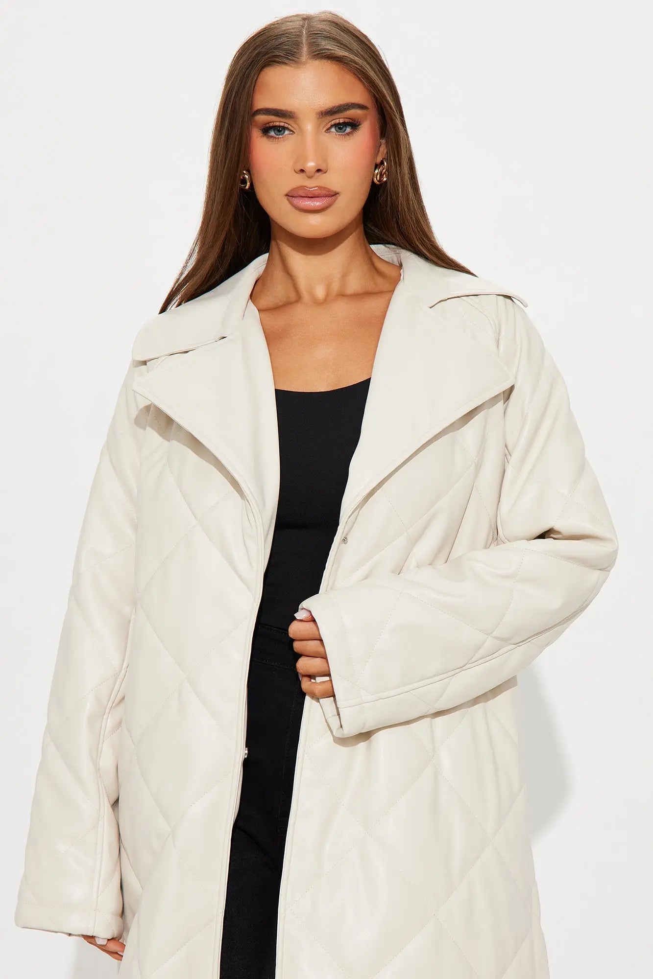 Fabiola Quilted Faux Leather Trench Coat - Stone 