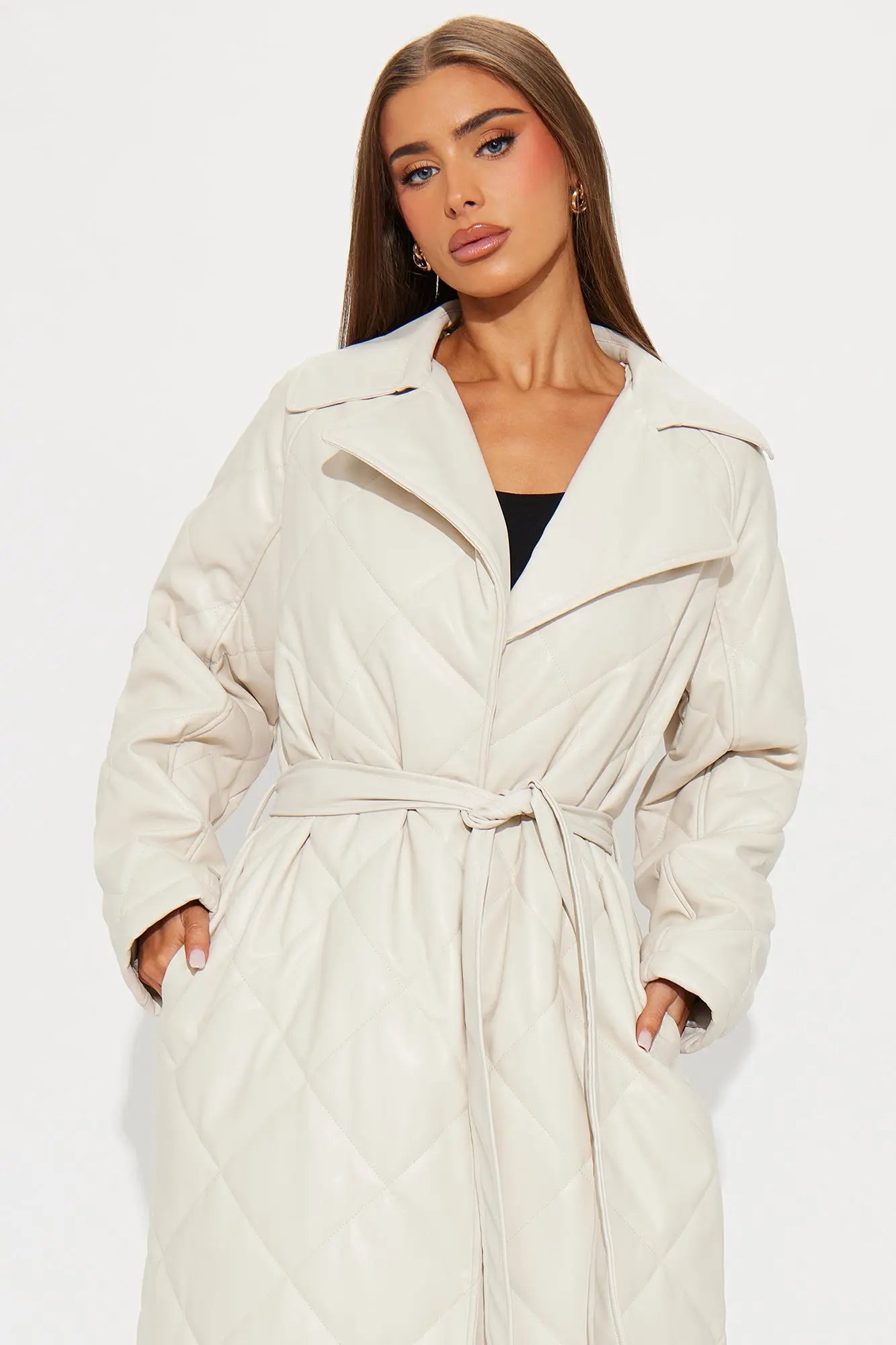 Fabiola Quilted Faux Leather Trench Coat - Stone 