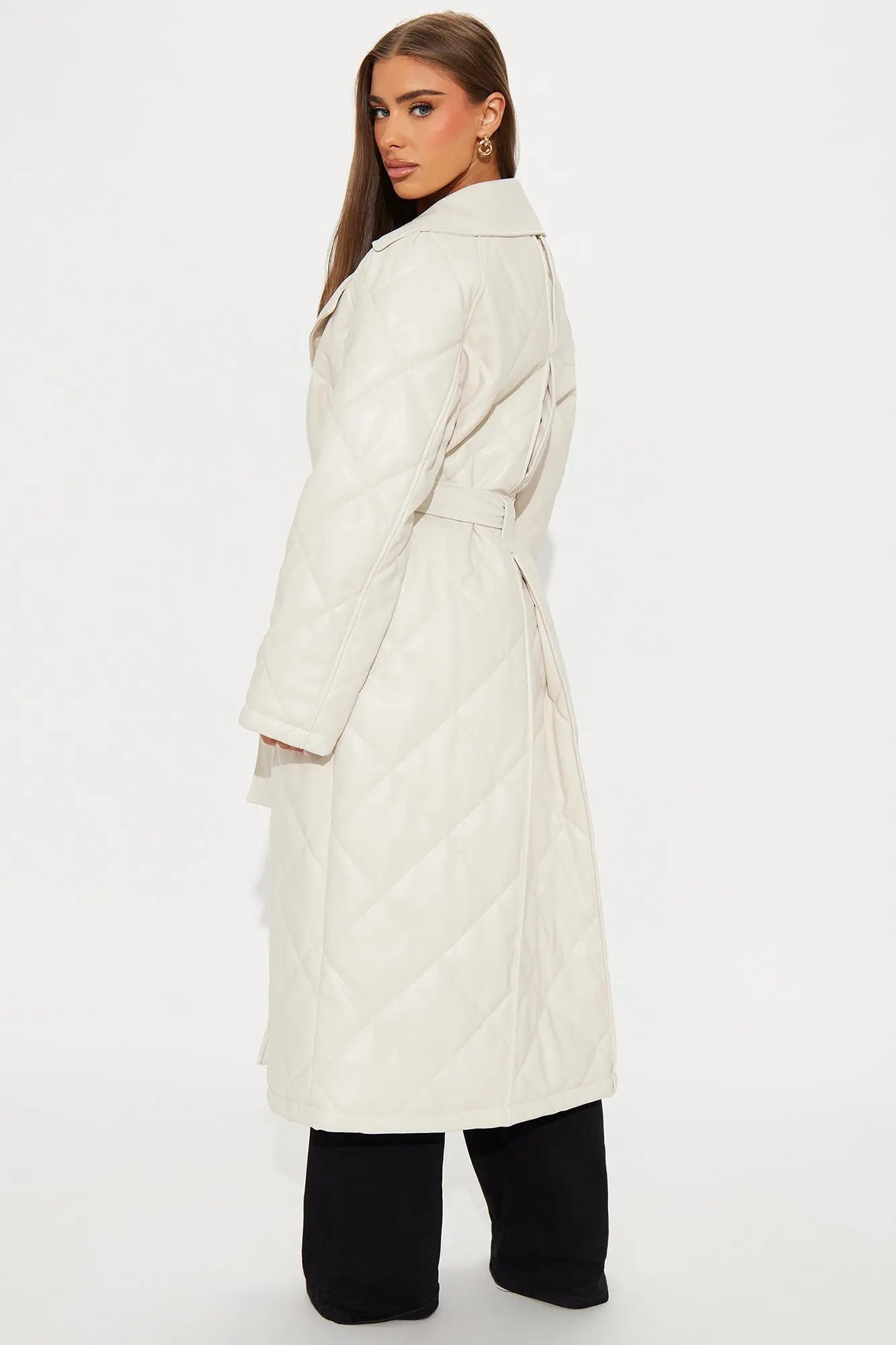 Fabiola Quilted Faux Leather Trench Coat - Stone 