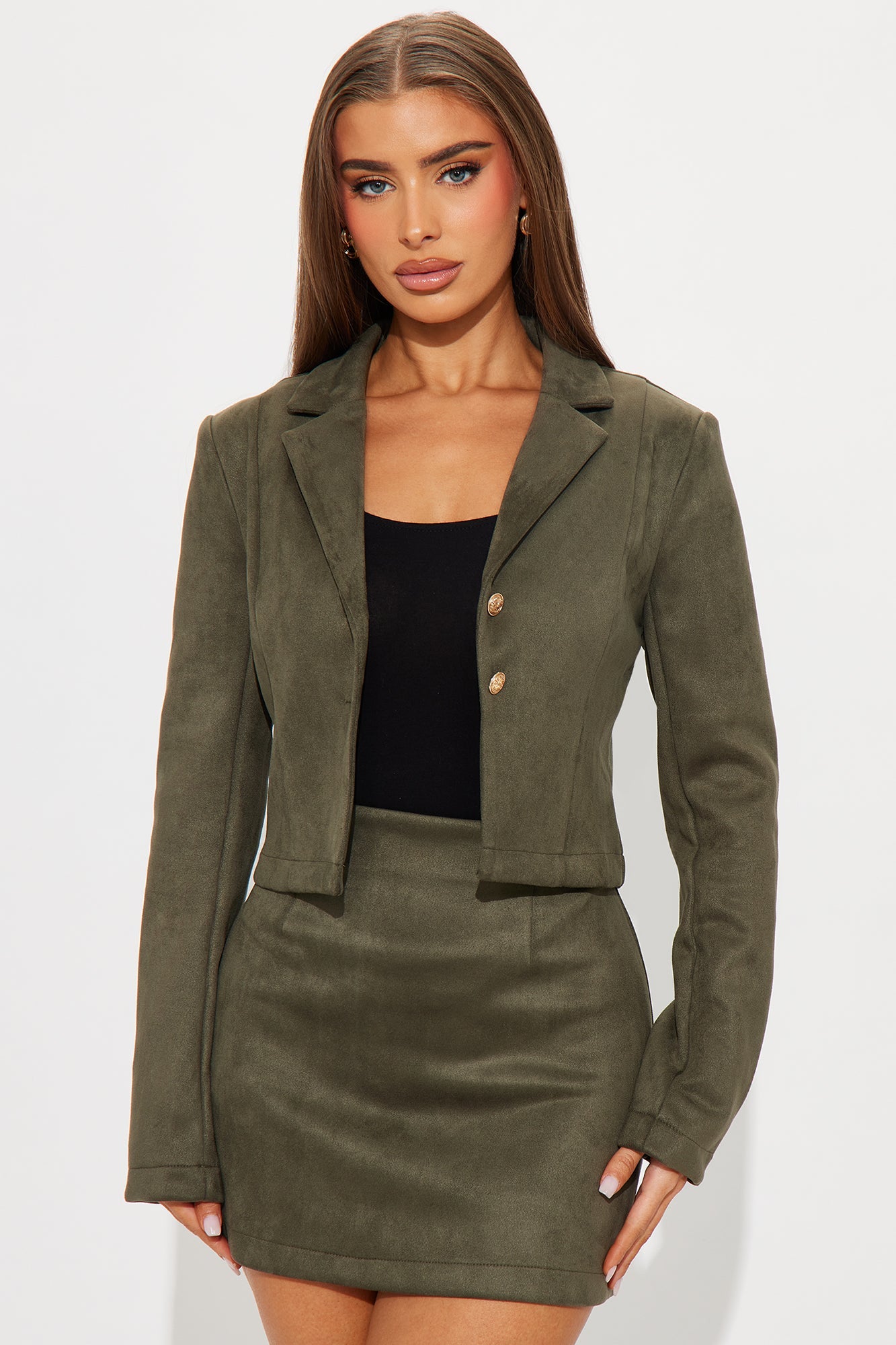 Lizbeth Faux Suede Blazer Skirt Set - Olive 
