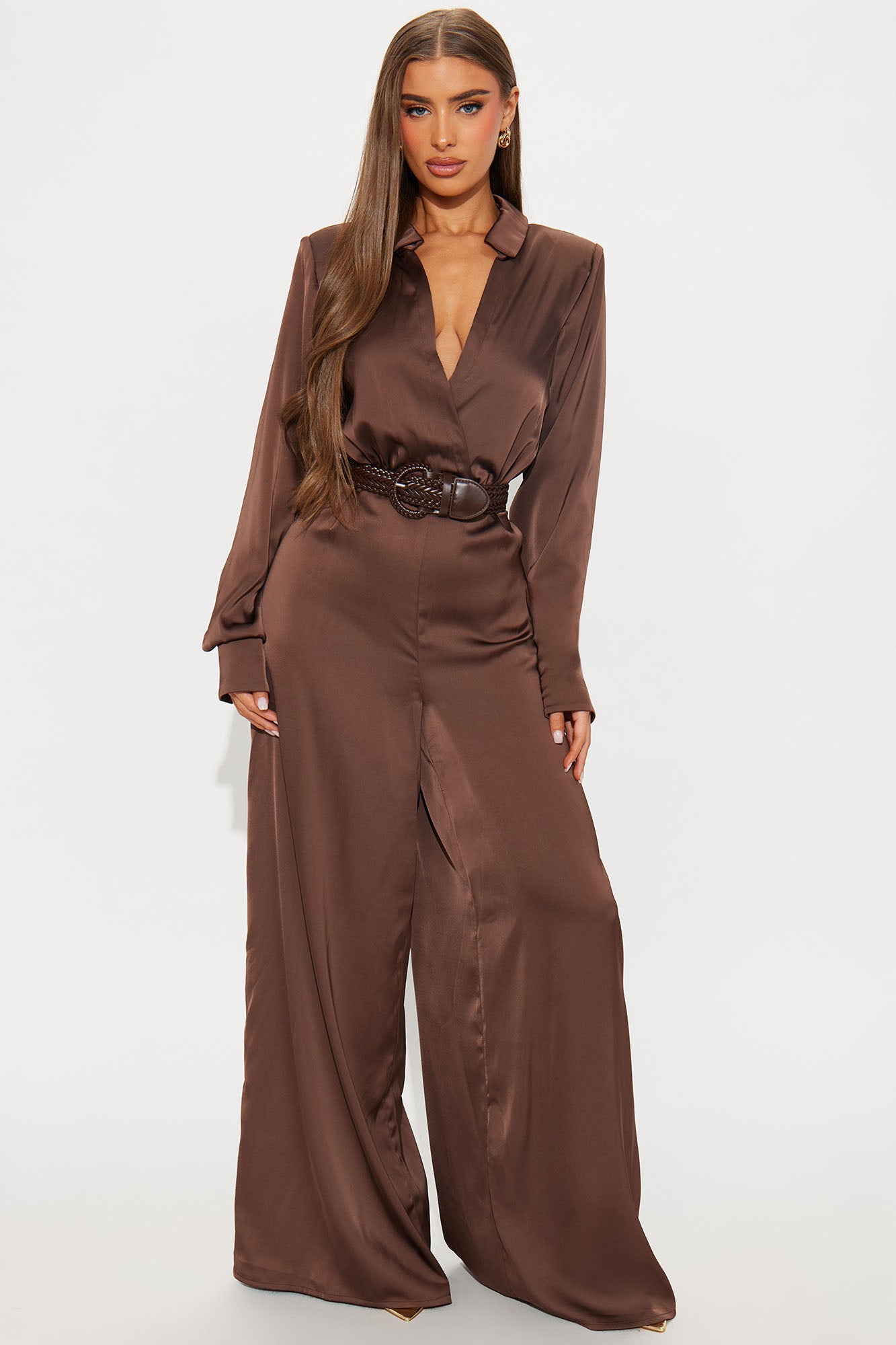 After Dark Satin Wide Leg Belted Jumpsuit - Dark Brown