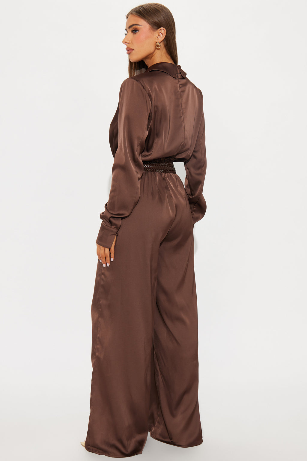 After Dark Satin Wide Leg Belted Jumpsuit - Dark Brown