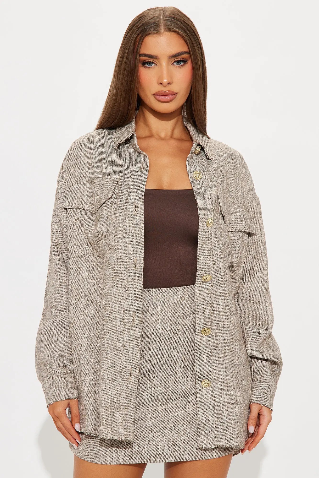 Angie Tweed Shacket And Mini Skirt Set - Brown 