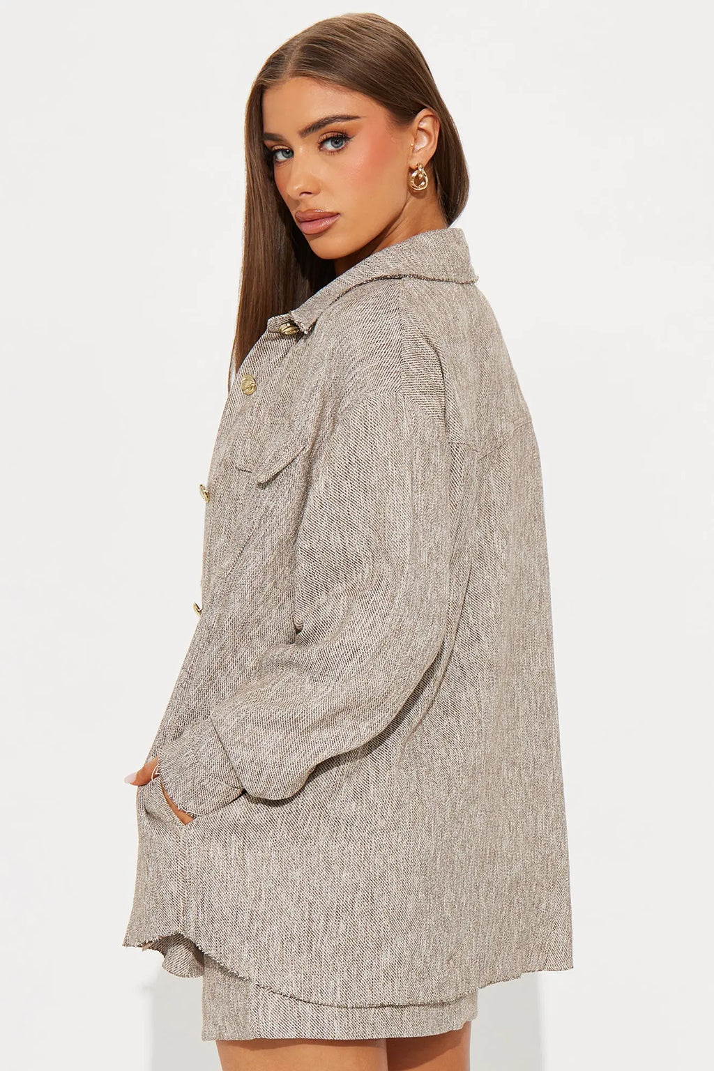 Angie Tweed Shacket And Mini Skirt Set - Brown 