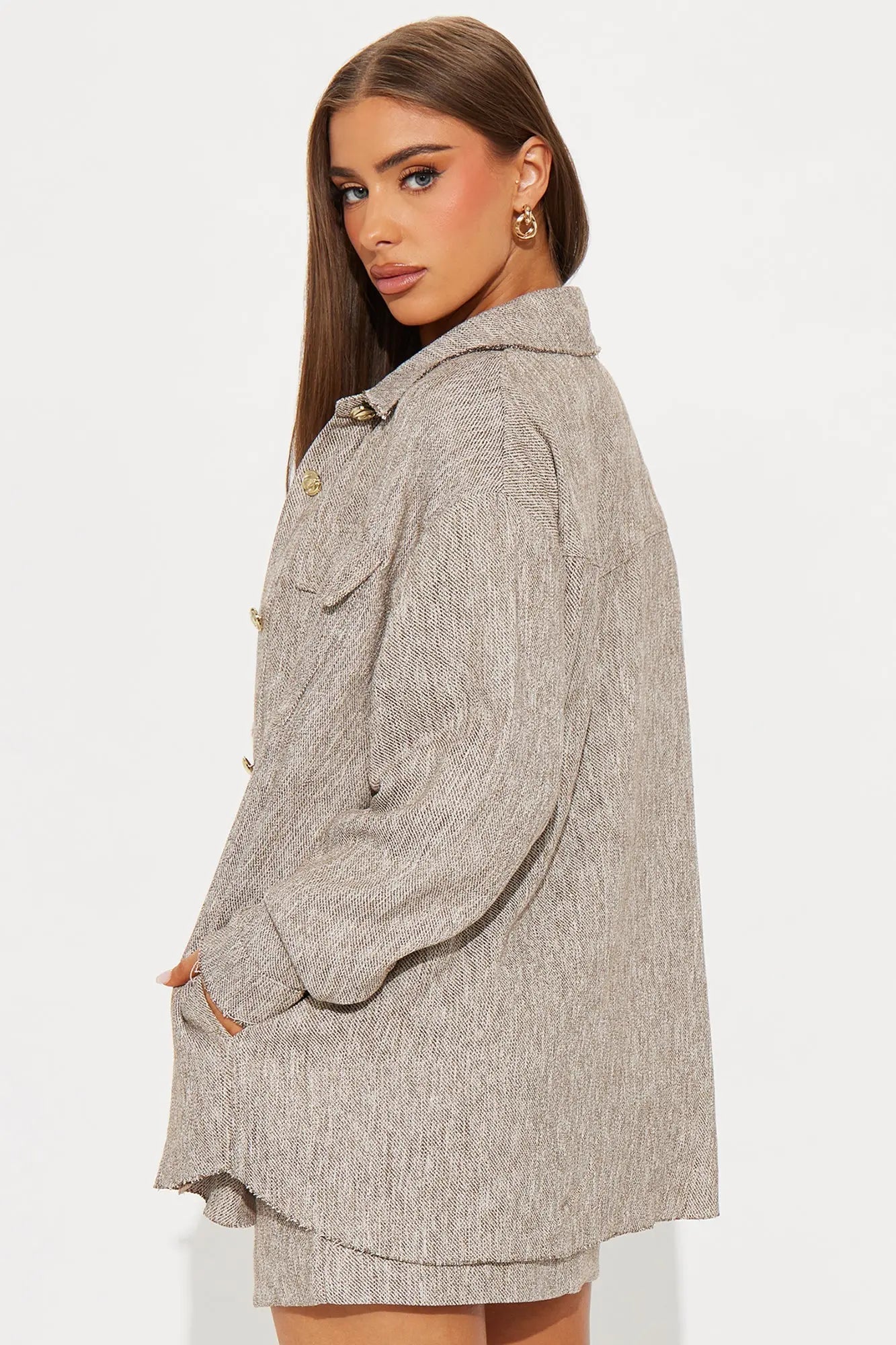 Angie Tweed Shacket And Mini Skirt Set - Brown 