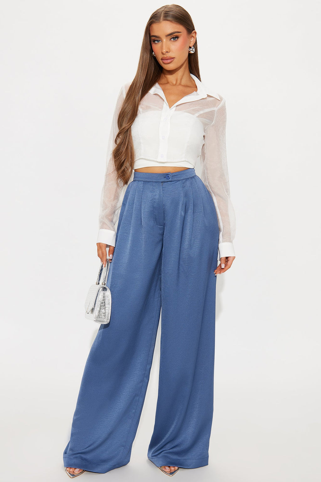 Stella Satin Wide Leg Trouser Pant 33 - Blue