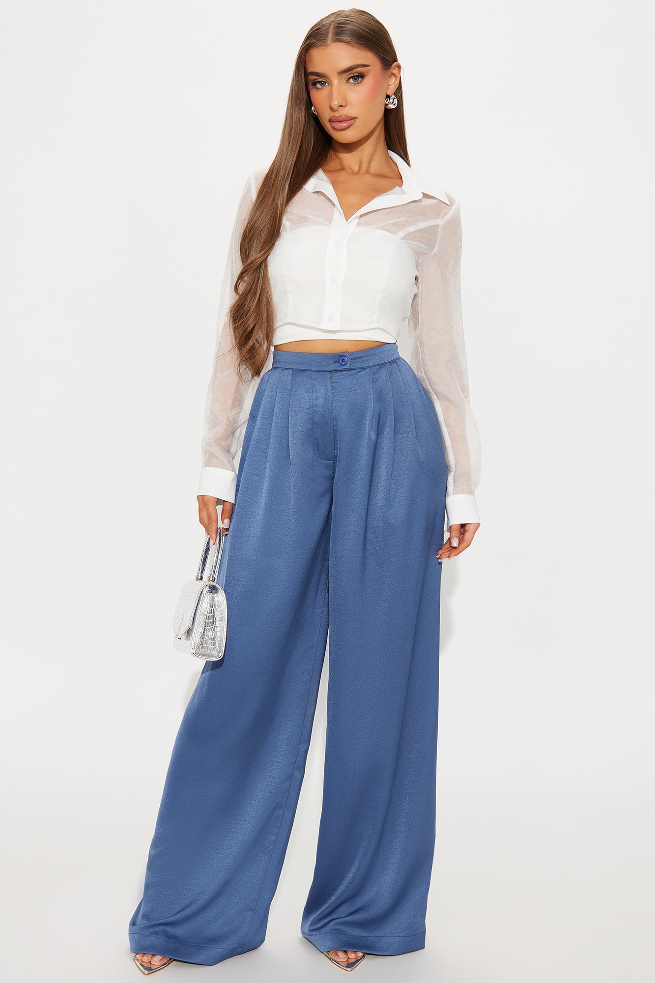 Stella Satin Wide Leg Trouser Pant 33 - Blue