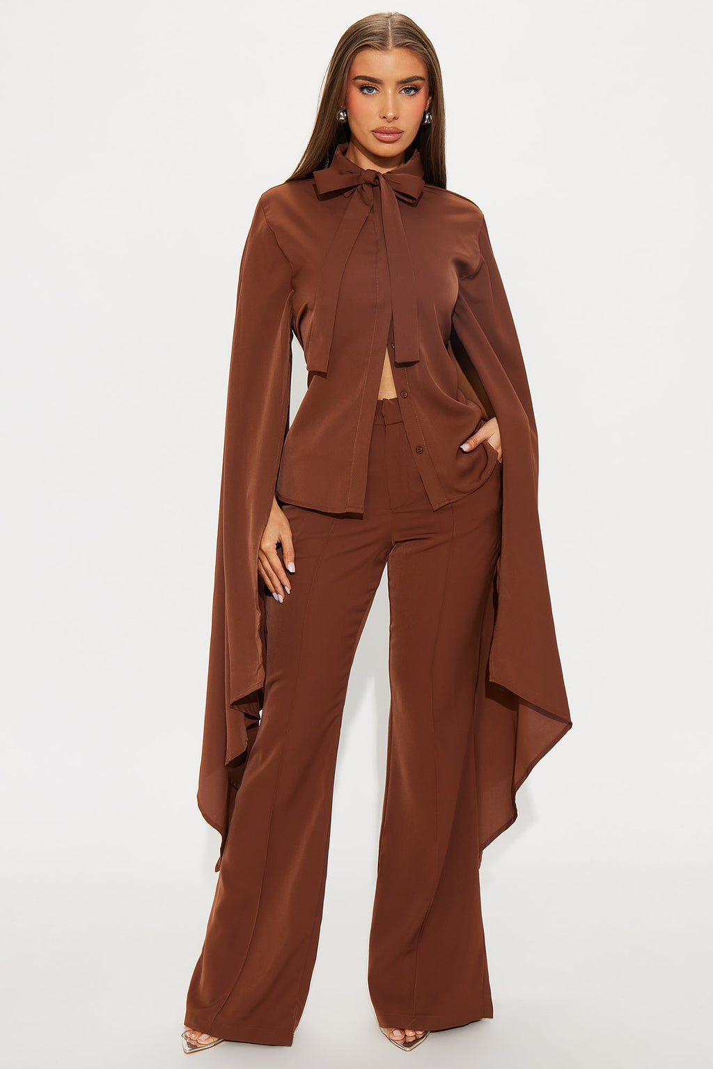 Amaya Cape Sleeve Blouse Pant Set - Chocolate