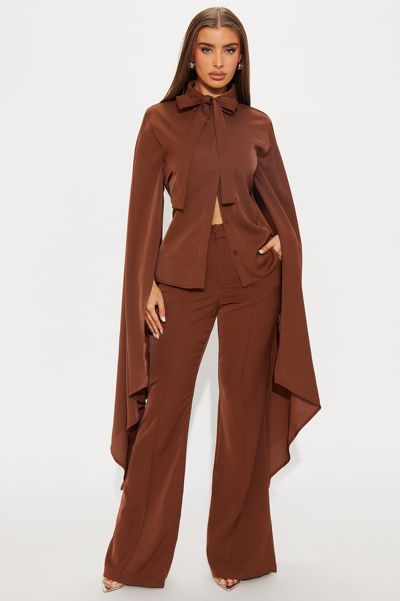 Amaya Cape Sleeve Blouse Pant Set - Chocolate