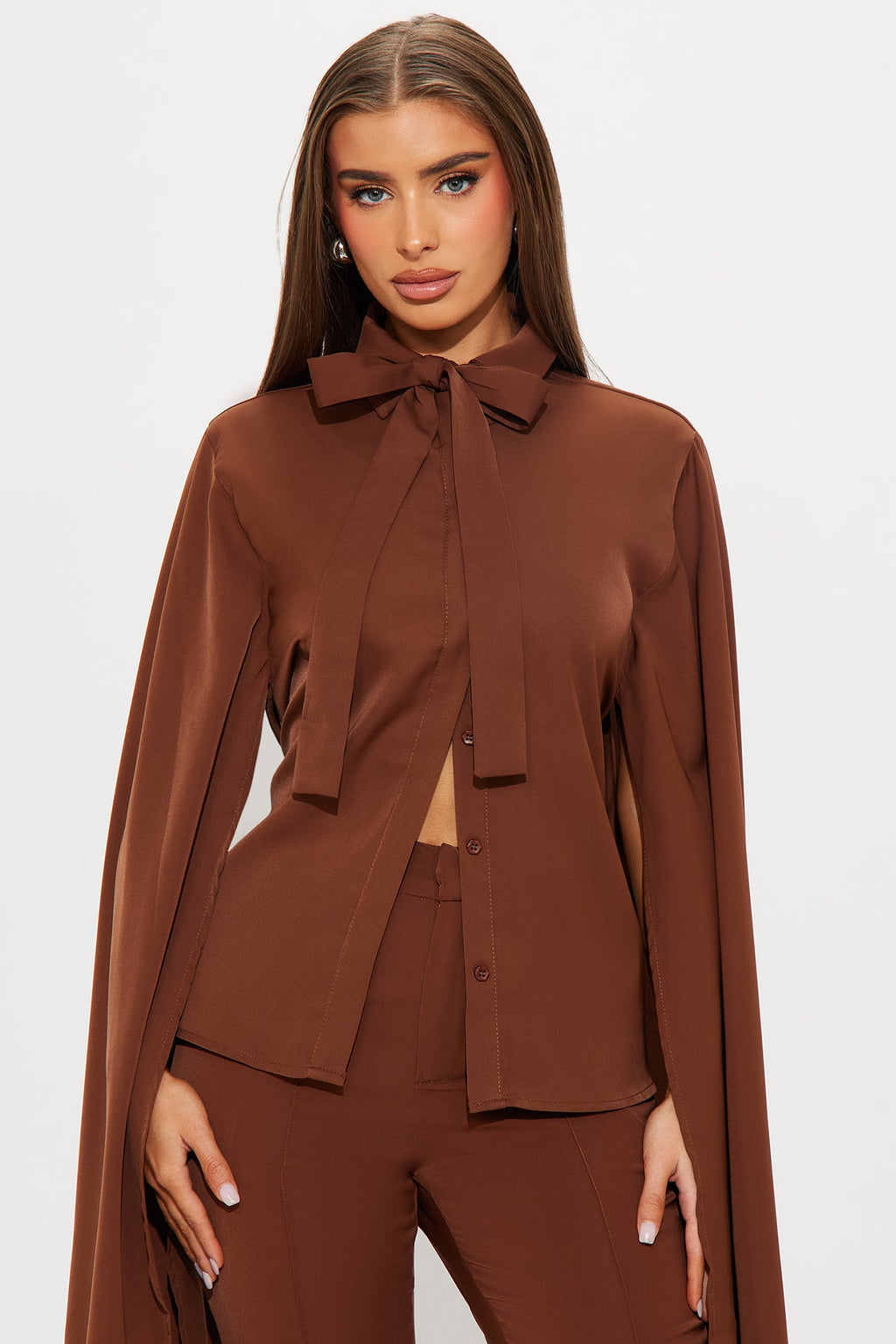 Amaya Cape Sleeve Blouse Pant Set - Chocolate