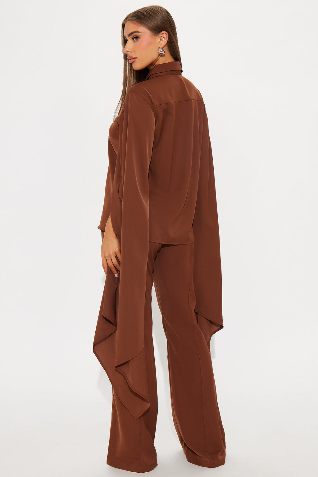 Amaya Cape Sleeve Blouse Pant Set - Chocolate
