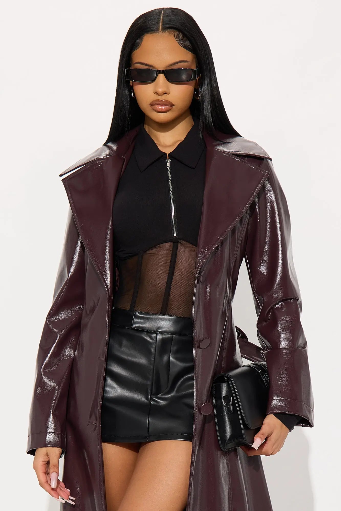 Kelis Faux Leather Trench Coat - Burgundy 