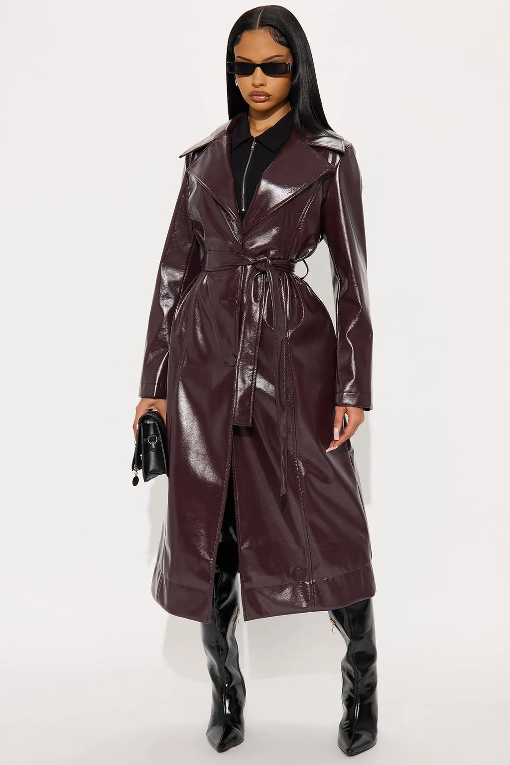 Kelis Faux Leather Trench Coat - Burgundy 