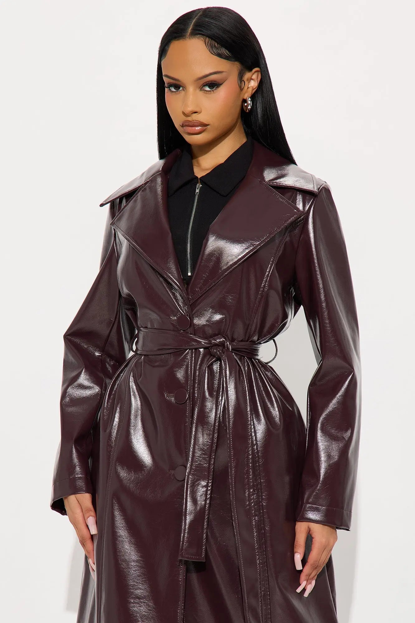 Kelis Faux Leather Trench Coat - Burgundy 