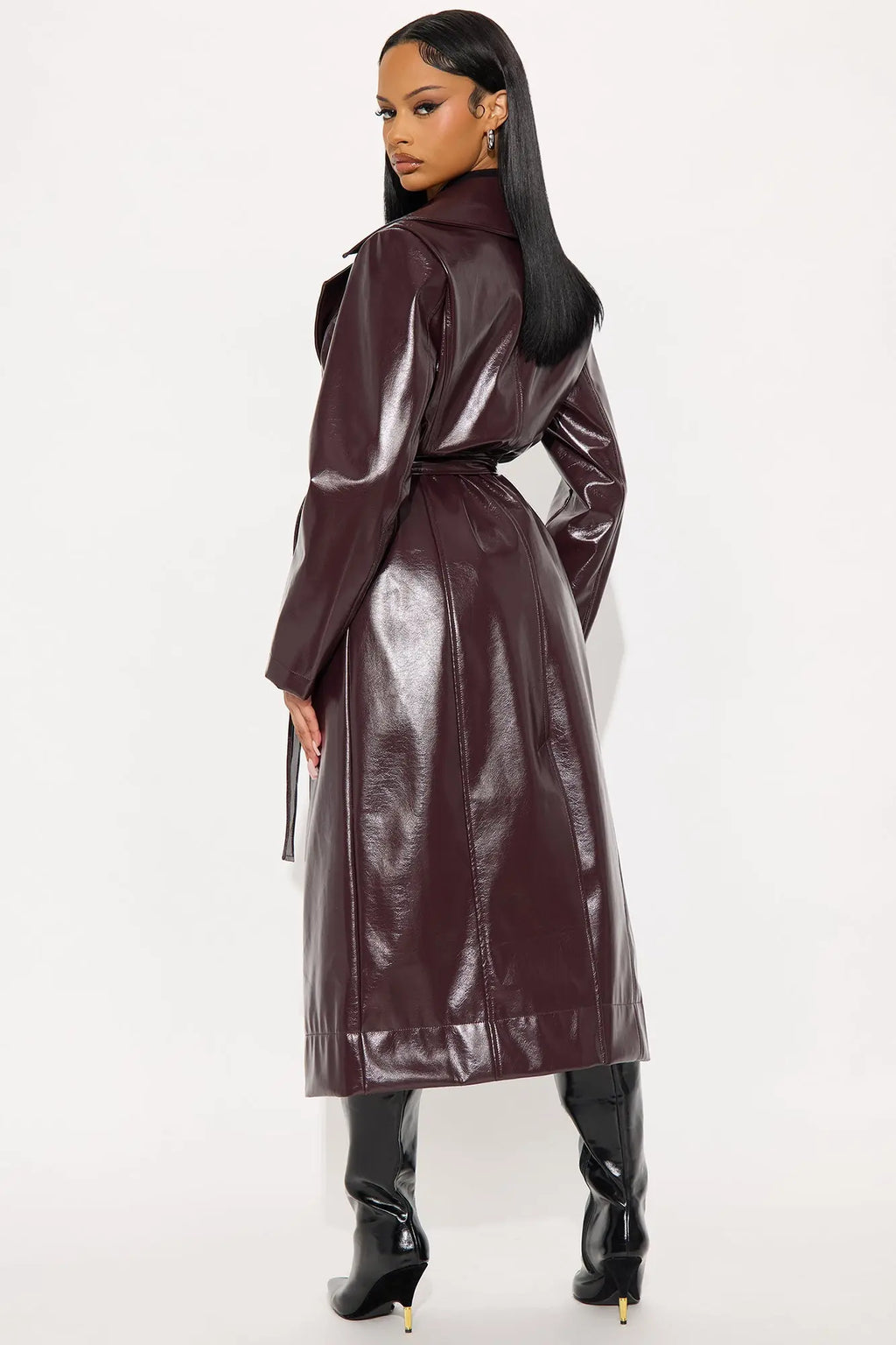 Kelis Faux Leather Trench Coat - Burgundy 