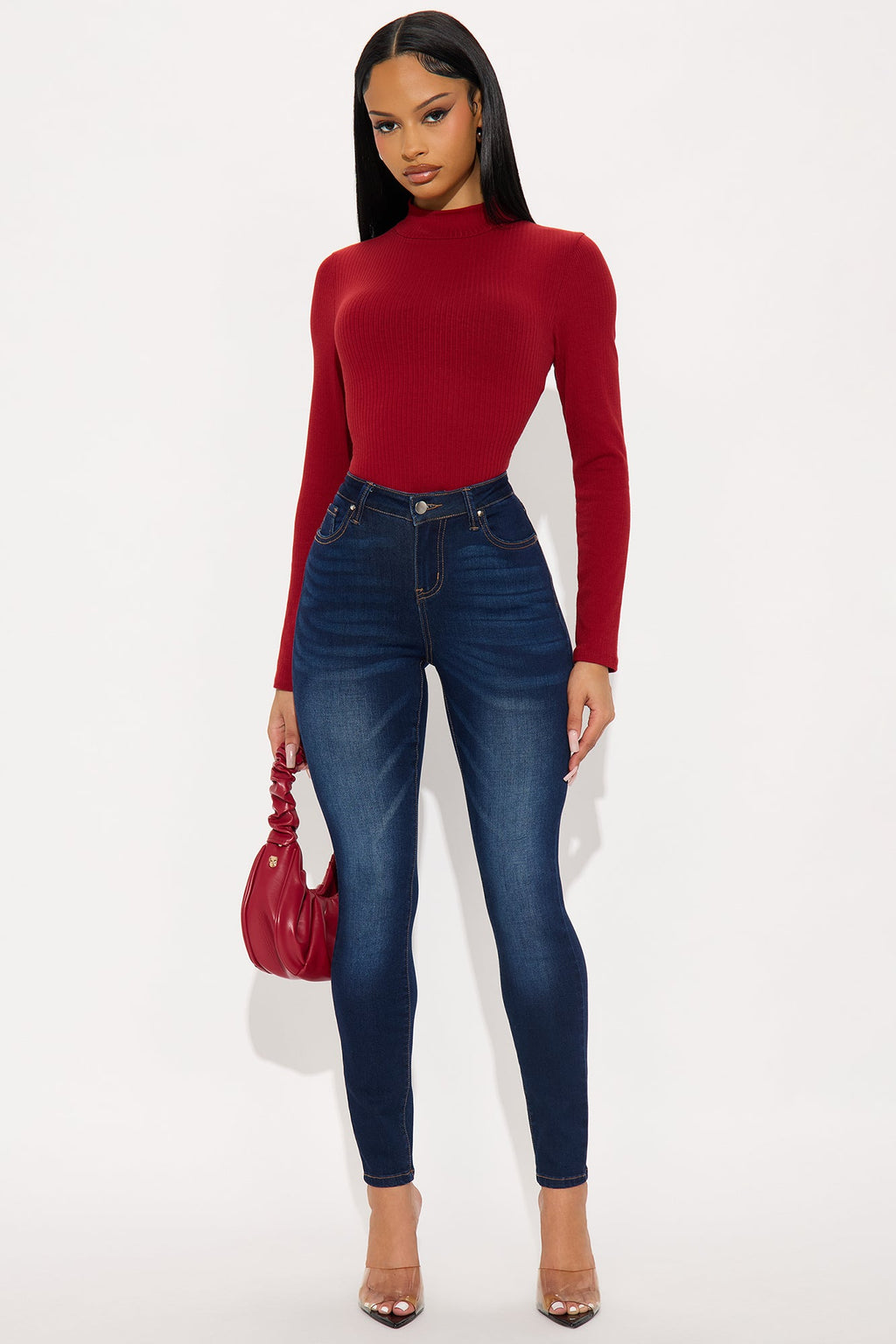Sydney Mock Neck Ribbed Long Sleeve Top - DarkRed