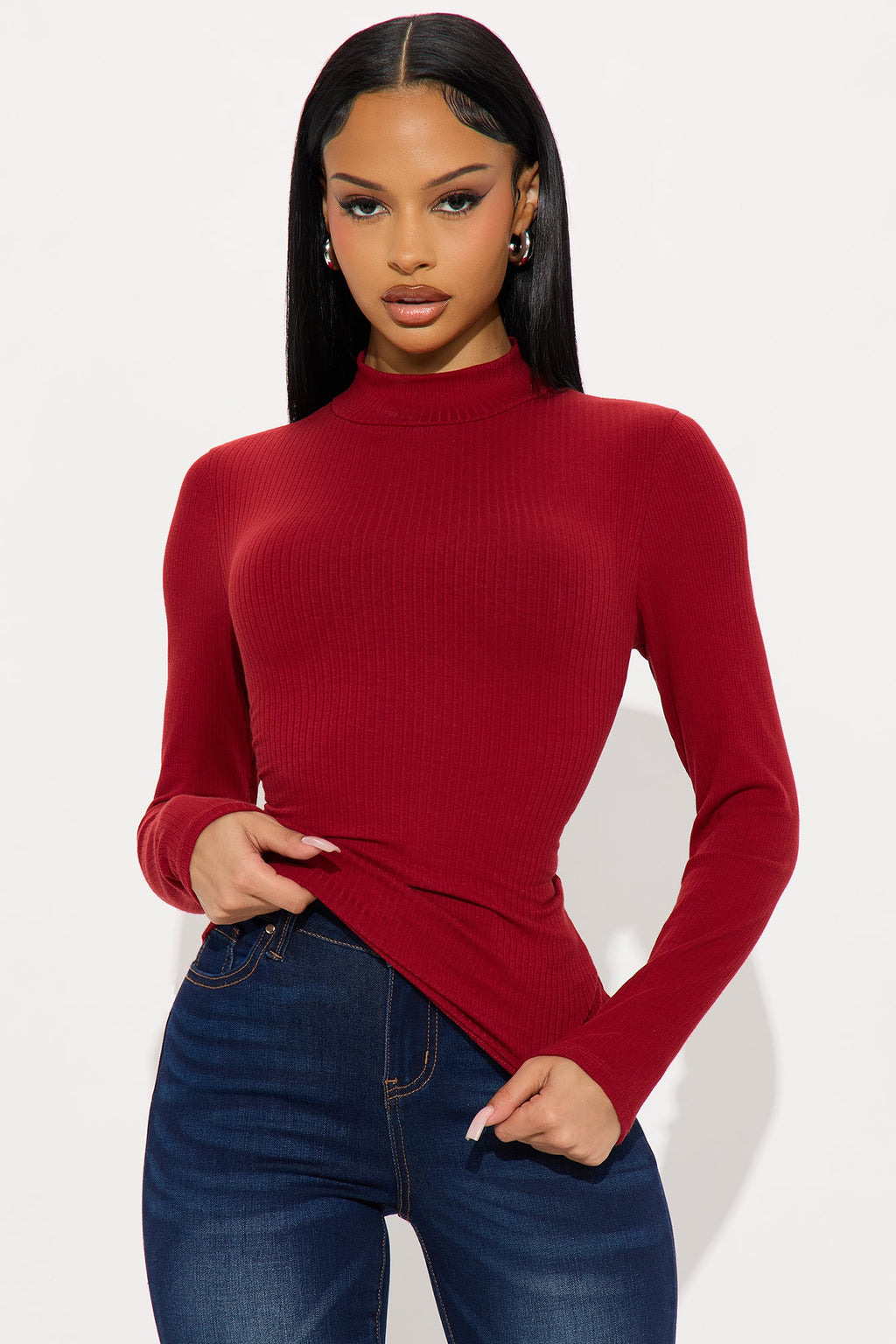 Sydney Mock Neck Ribbed Long Sleeve Top - DarkRed