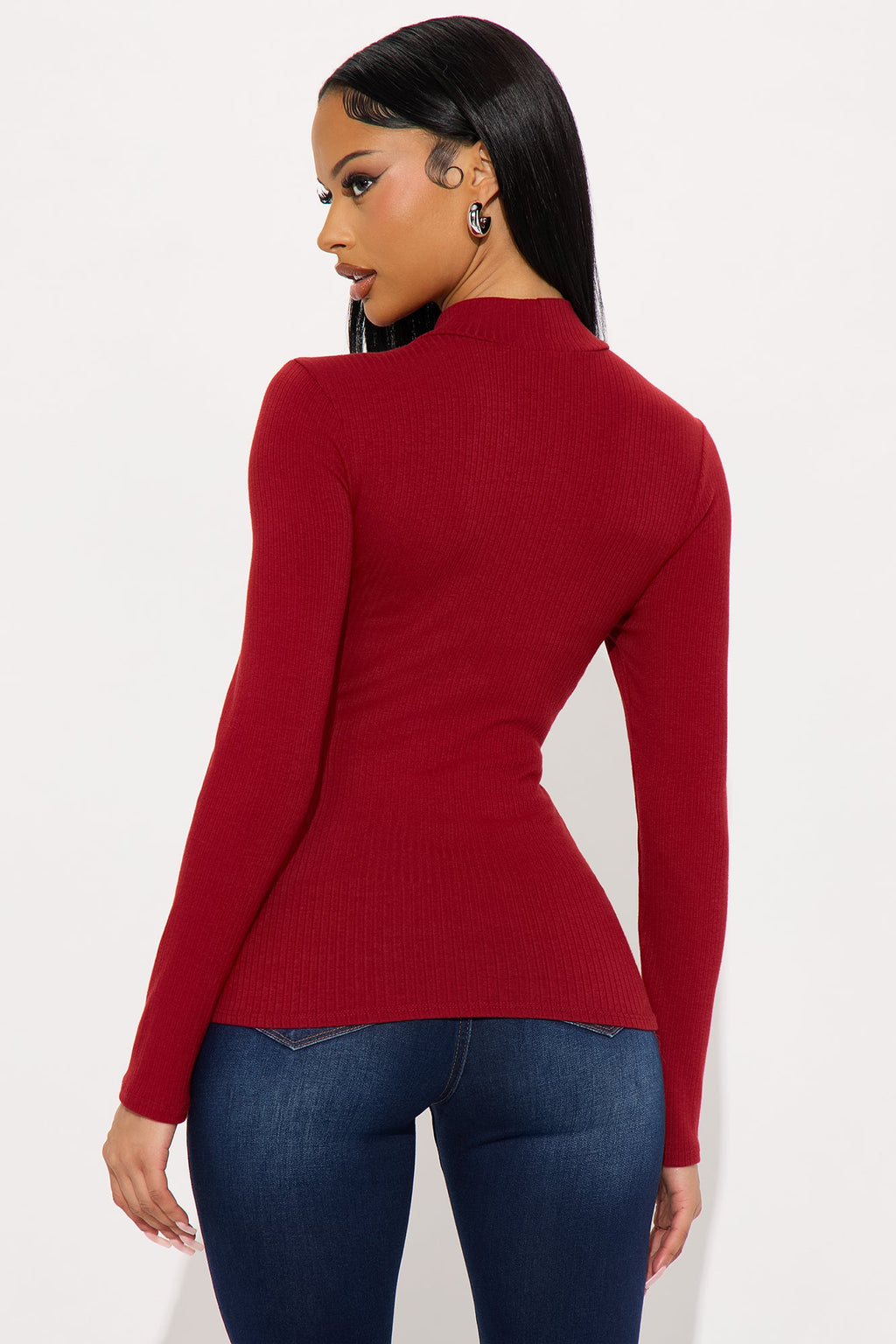 Sydney Mock Neck Ribbed Long Sleeve Top - DarkRed
