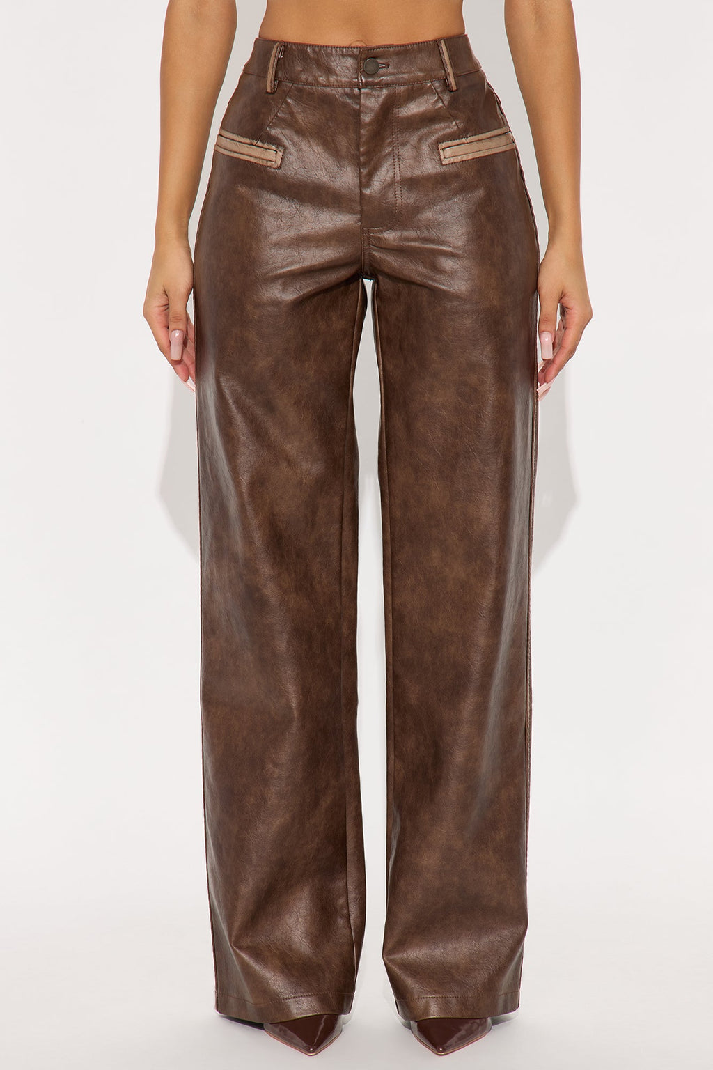 Kalene Washed Faux Leather Wide Leg Pant 33 - Brown