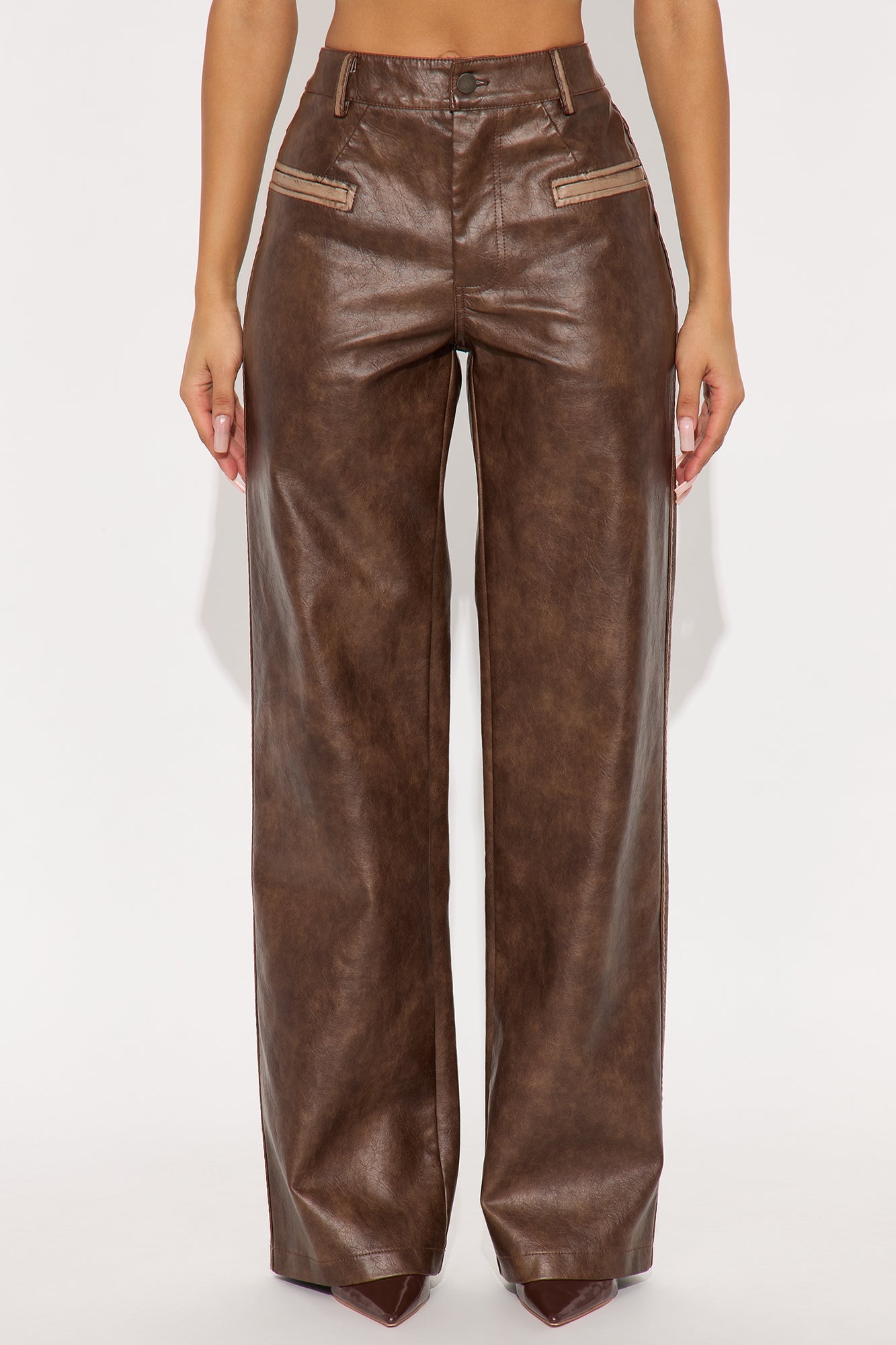 Kalene Washed Faux Leather Wide Leg Pant 33 - Brown