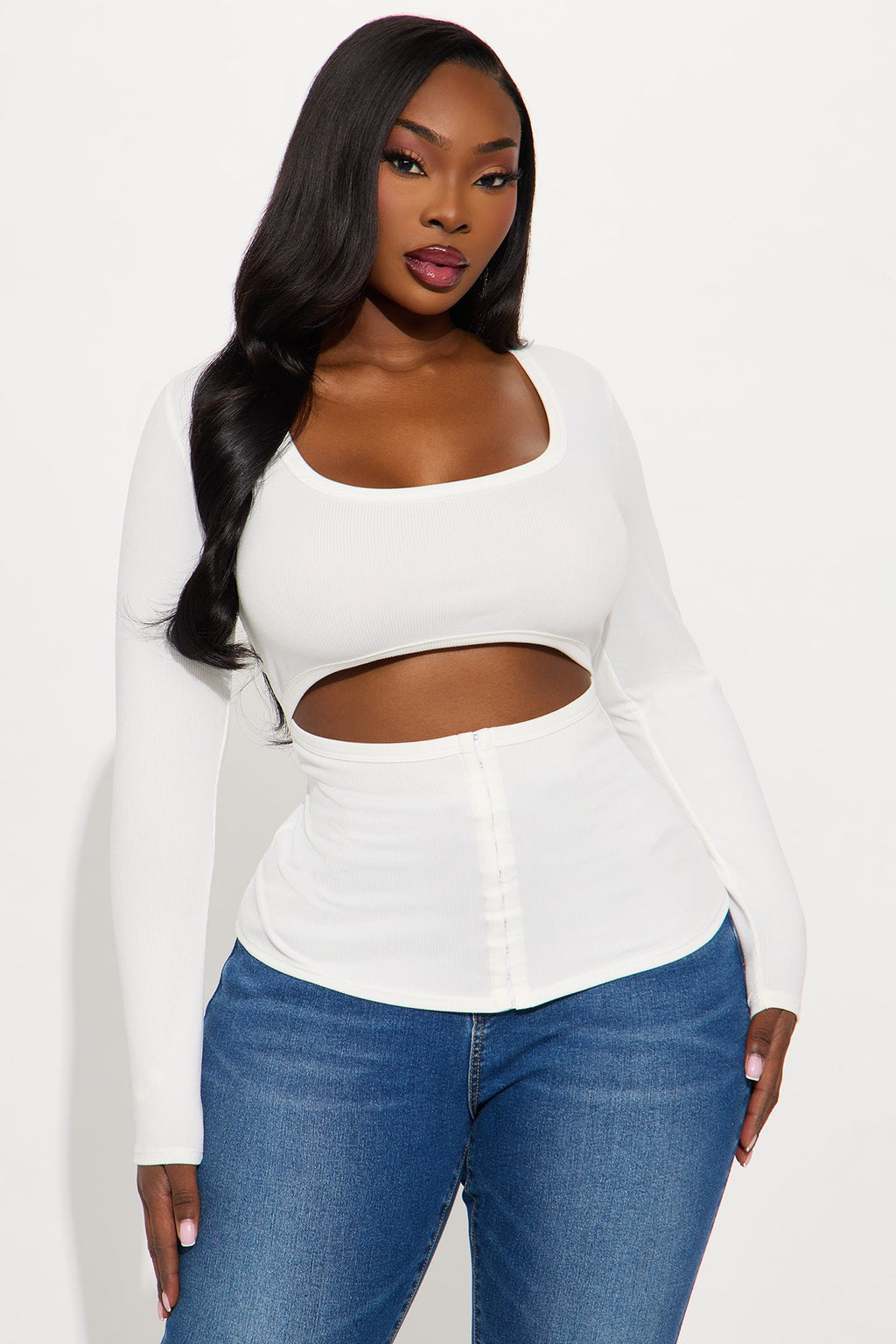 Liora Cut Out Ribbed Long Sleeve Top - Ivory