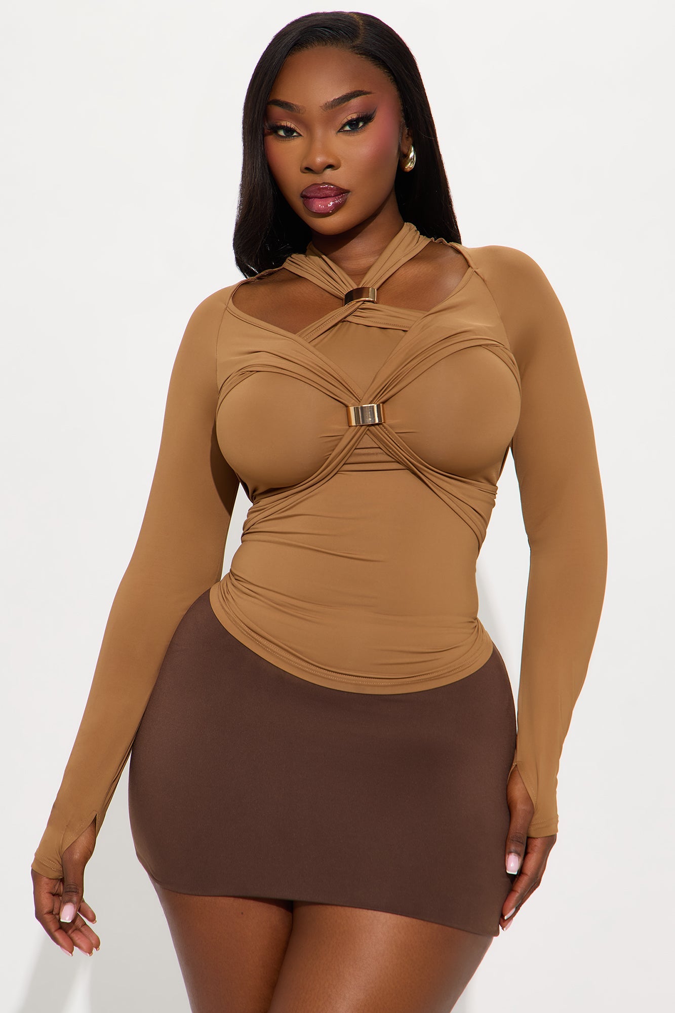 Take A Look Long Sleeve Top - Brown