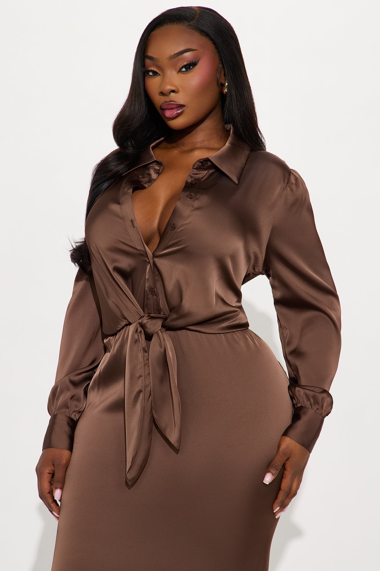 Naraya Collared Satin Maxi Shirt Dress - Chocolate