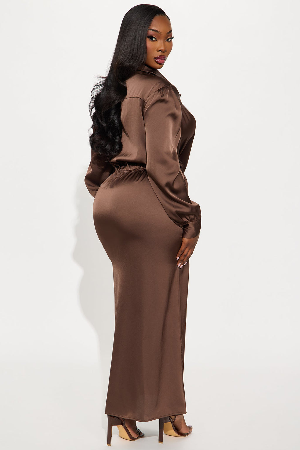 Naraya Collared Satin Maxi Shirt Dress - Chocolate