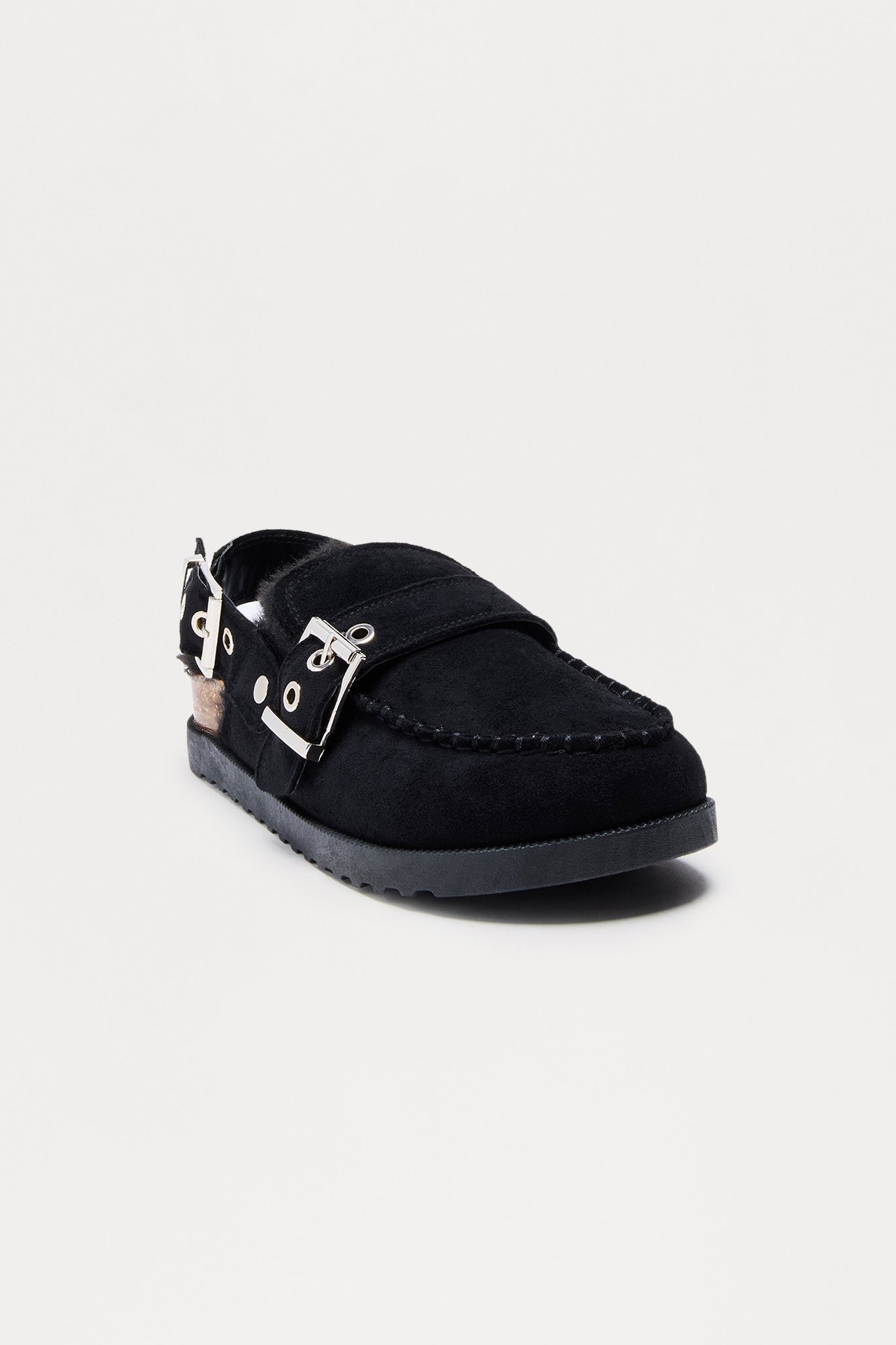 Brock Faux Fur Lined Buckle Slides - Black