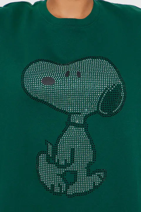Snoopy Rhinestone Crew Neck Sweatshirt - Green 