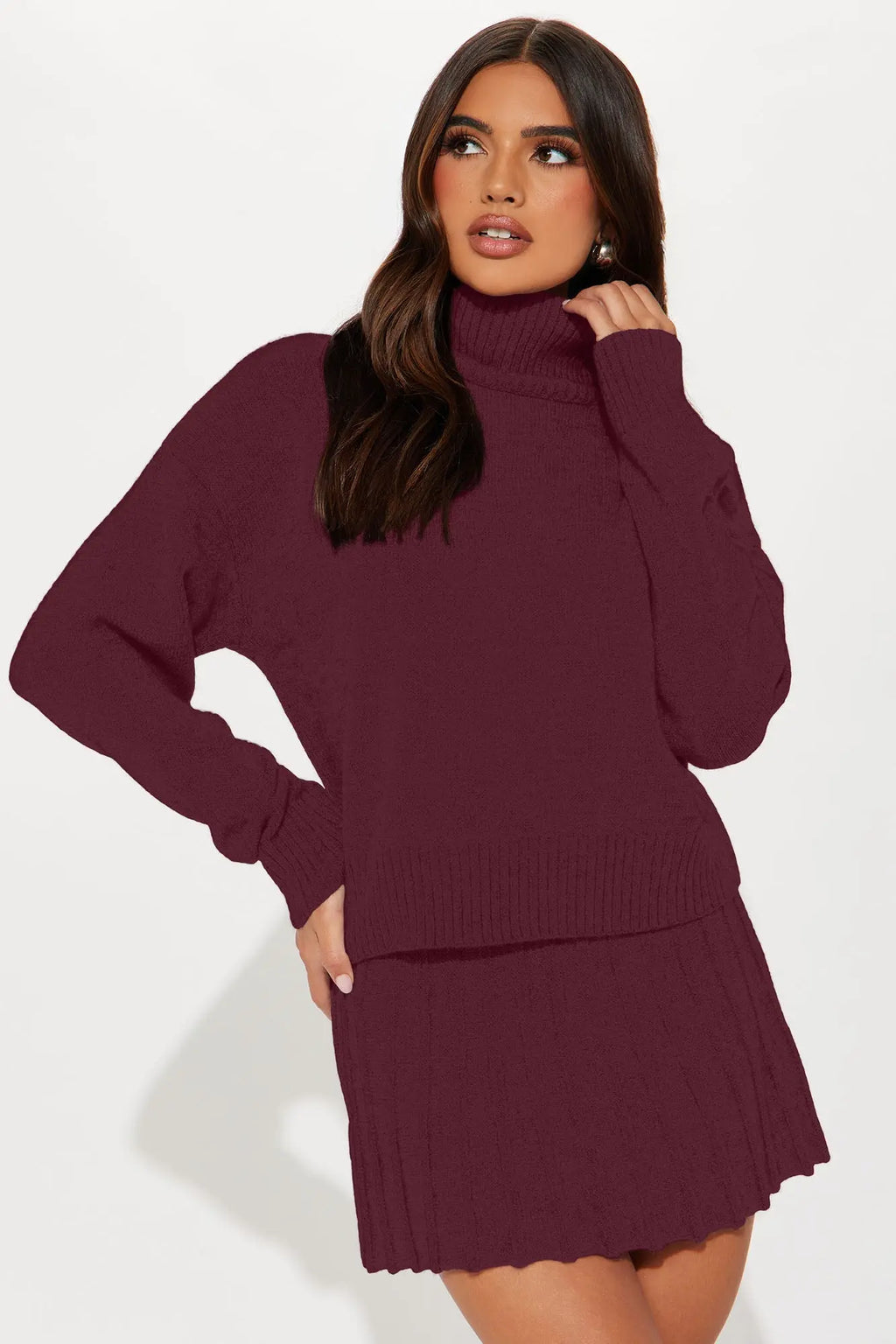 First Look Pleated Sweater Skirt Set - Burgundy 