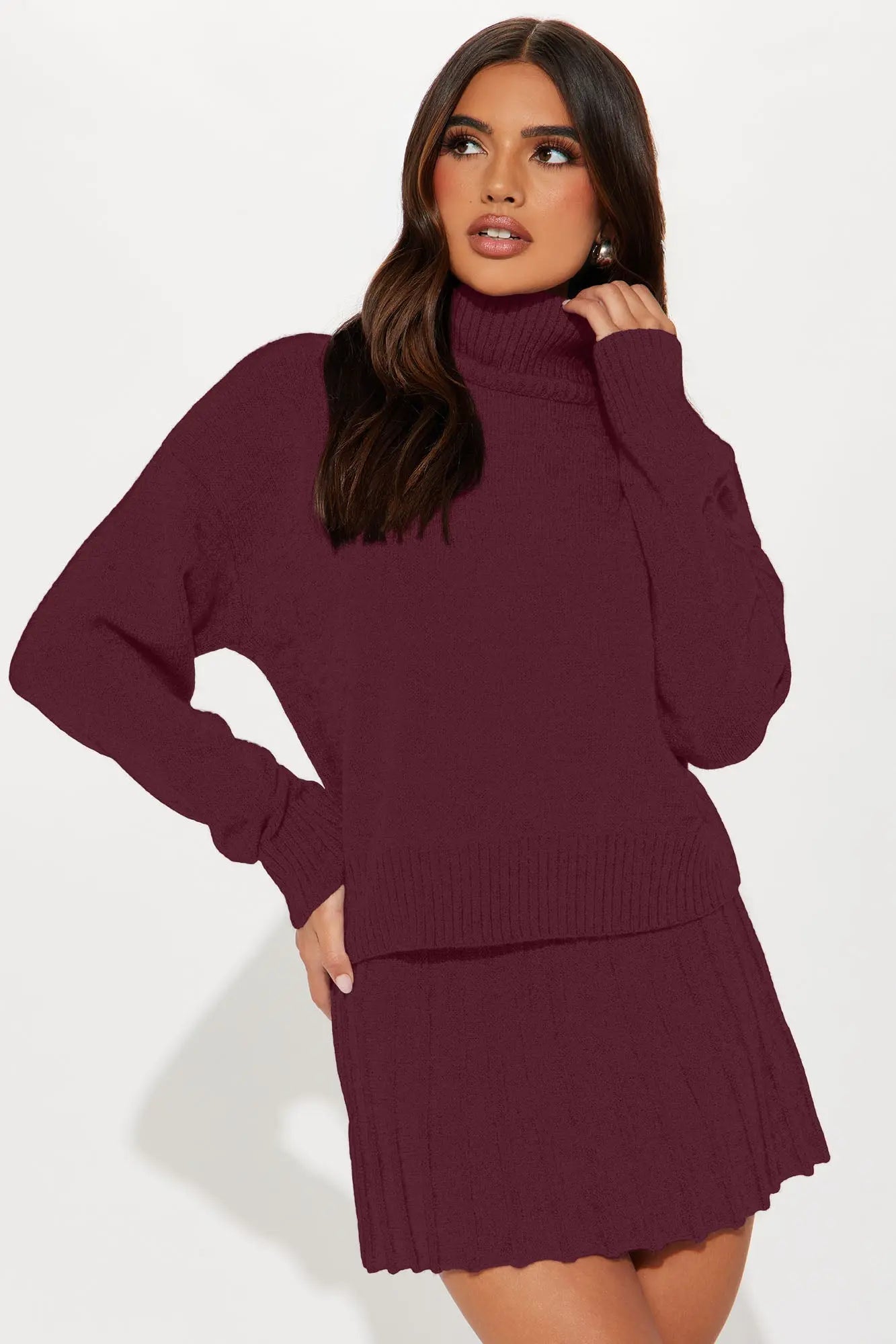 First Look Pleated Sweater Skirt Set - Burgundy 