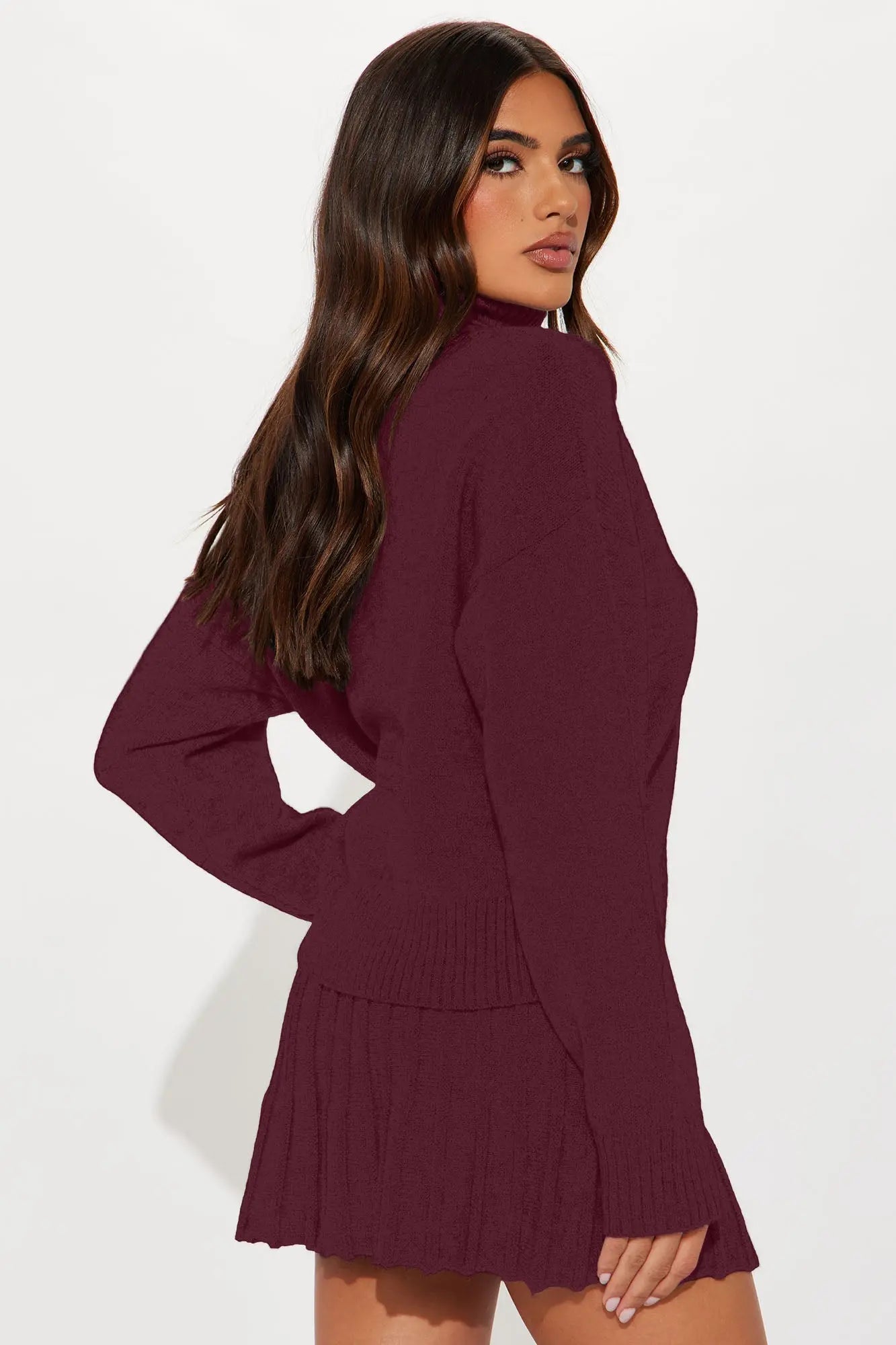 First Look Pleated Sweater Skirt Set - Burgundy 
