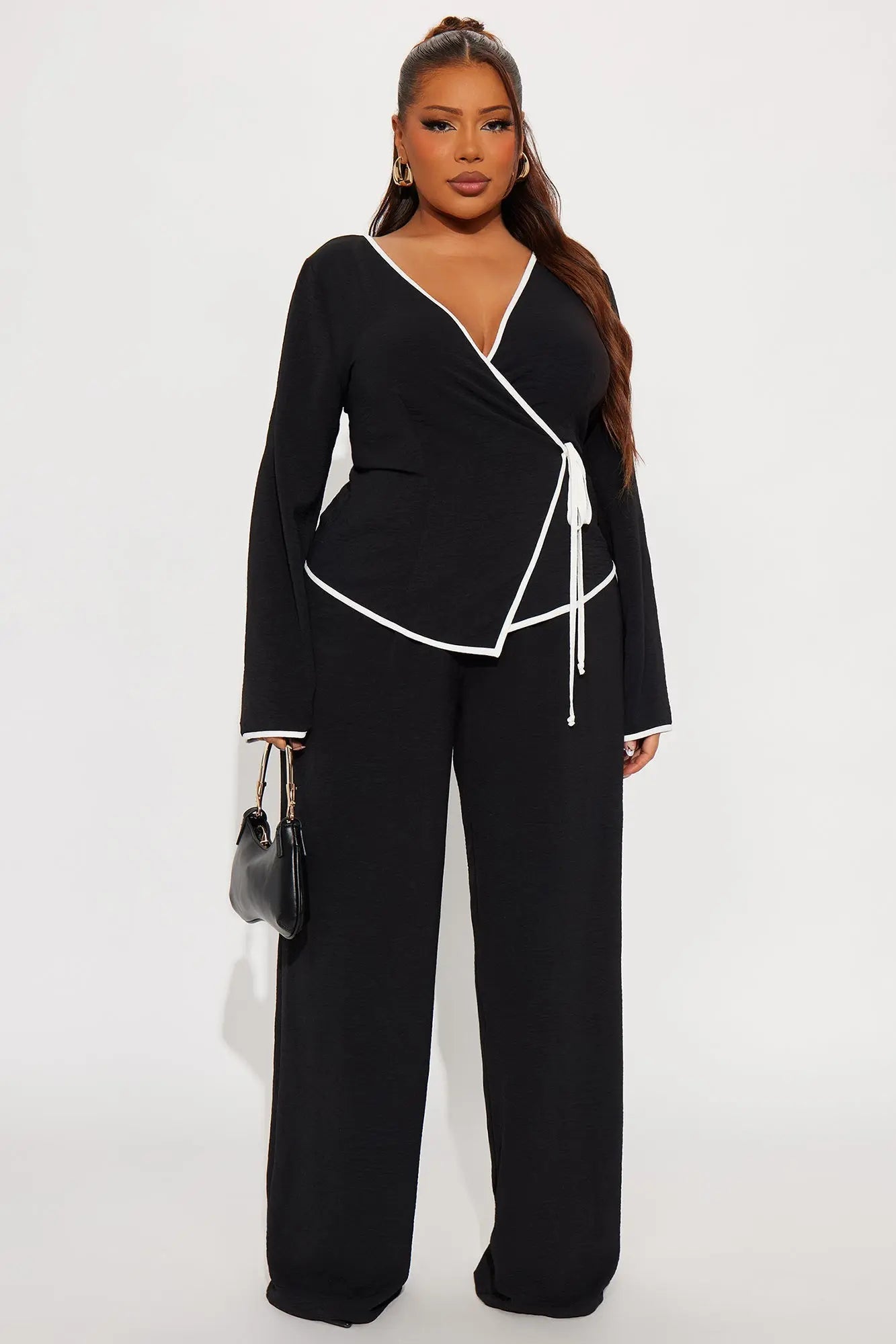 Ashanti Long Sleeve Wrap Top Pant Set - Black 