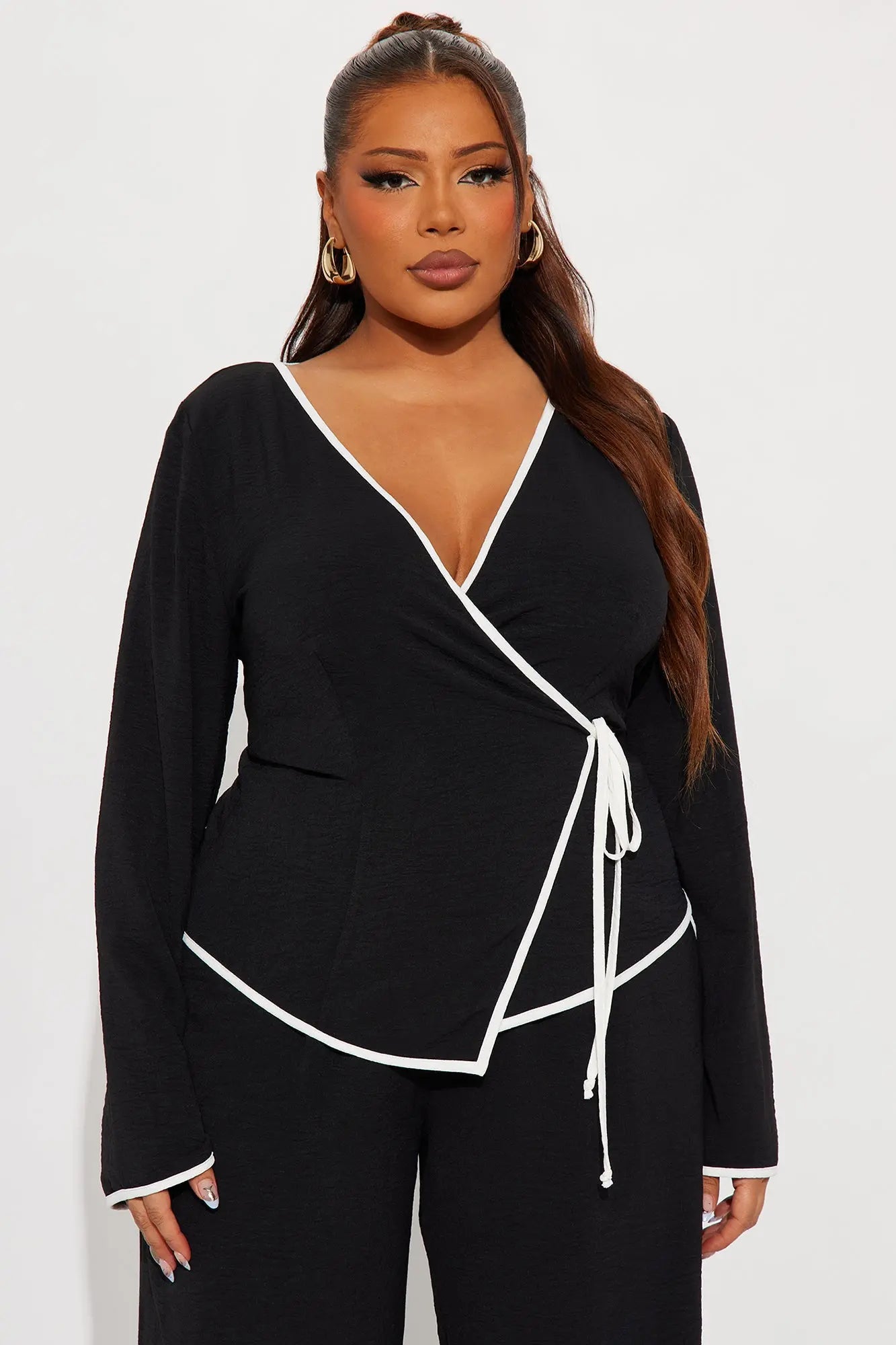 Ashanti Long Sleeve Wrap Top Pant Set - Black 