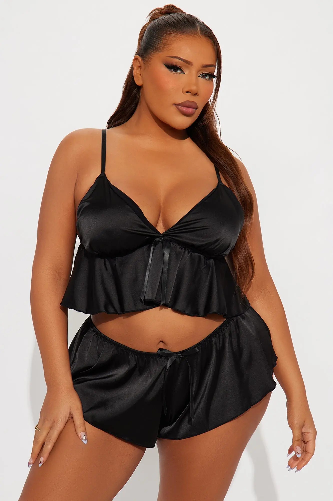 Lovely Romance Satin Cami Short 2 Piece Set - Black 