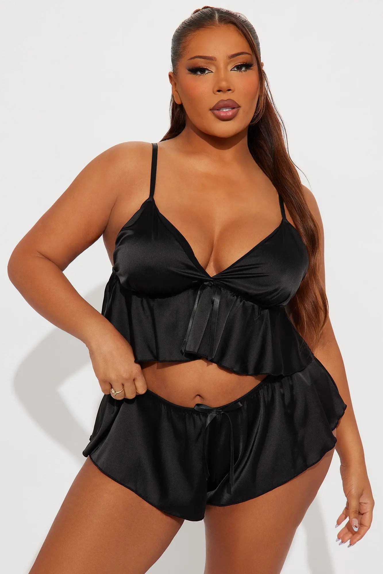 Lovely Romance Satin Cami Short 2 Piece Set - Black 