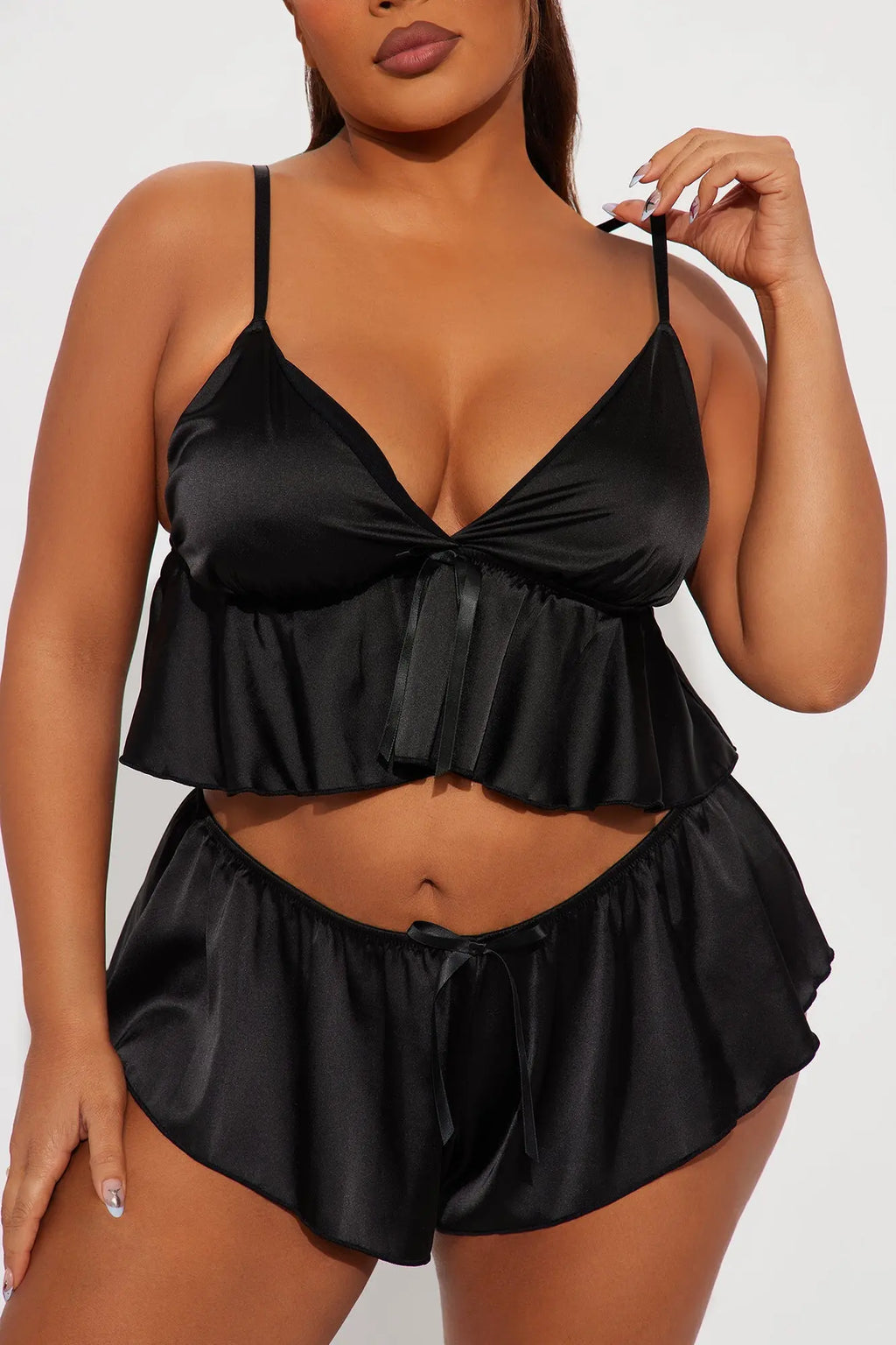 Lovely Romance Satin Cami Short 2 Piece Set - Black 